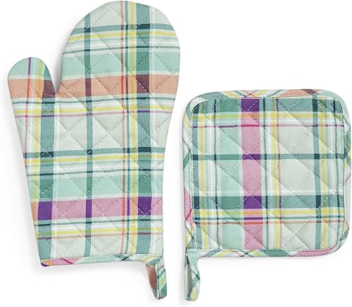Miniatura 1 de Vera Bradley Juego de manoplas y guantes de horno de algodón para mujer, Tartán pastel