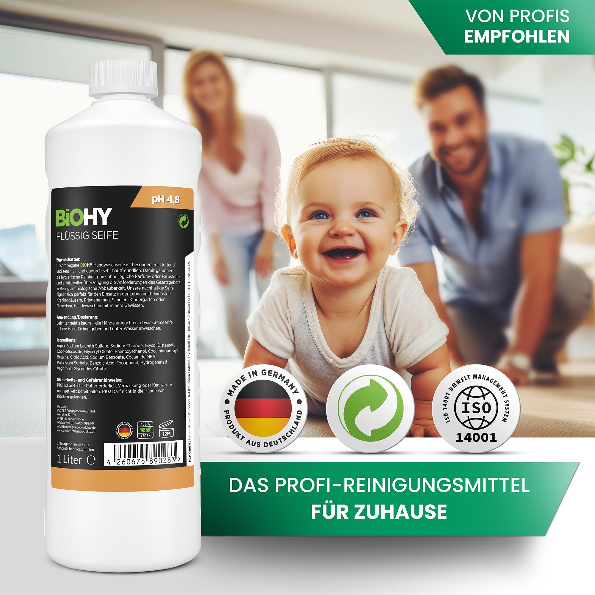BiOHY Jabón líquido (12 x 1 litro) | Jabón de manos suave y líquido para la piel, sin fosfatos, higiene inodora, también adecuado para la cara, sin perfume ni colorantes