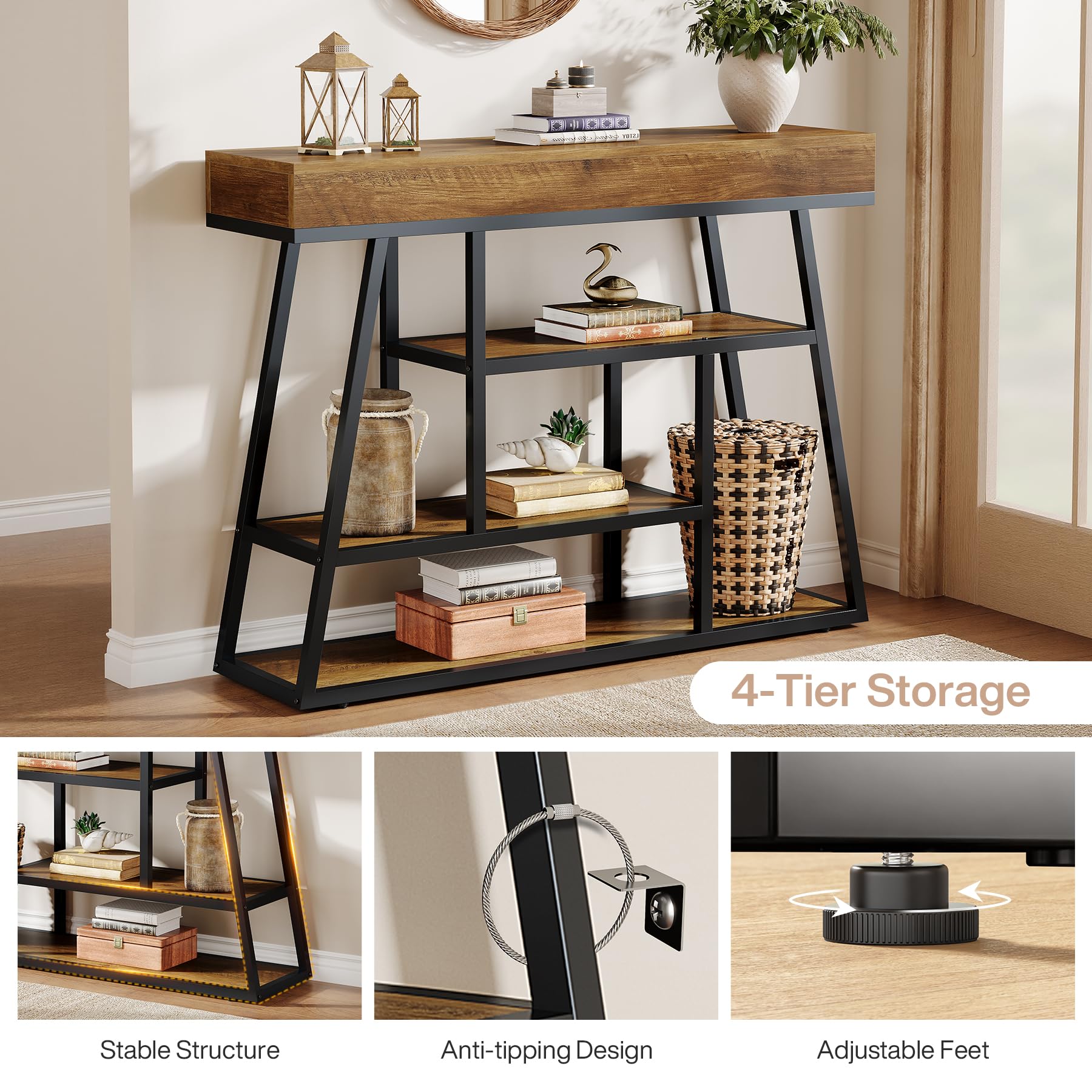 Tribesigns Tavolo Consolle Industriale, Consolle Ingresso Stretta con 4 ripiani Struttura in Metallo per Corridoio, Soggiorno, Cucina, 105 x 30 x 85 cm, Marrone Rustico