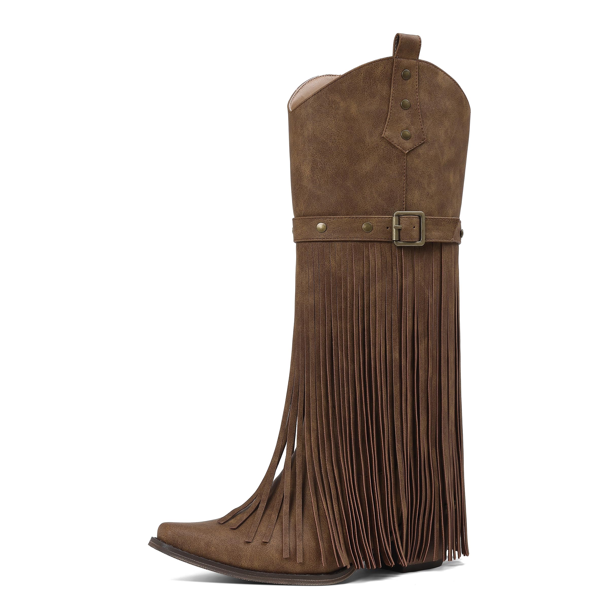 Fringe Cowgirl Boots for Women Retro Square Toe Side Zipper Block Chunky Heel Tassel Country Concert Outfits Mid