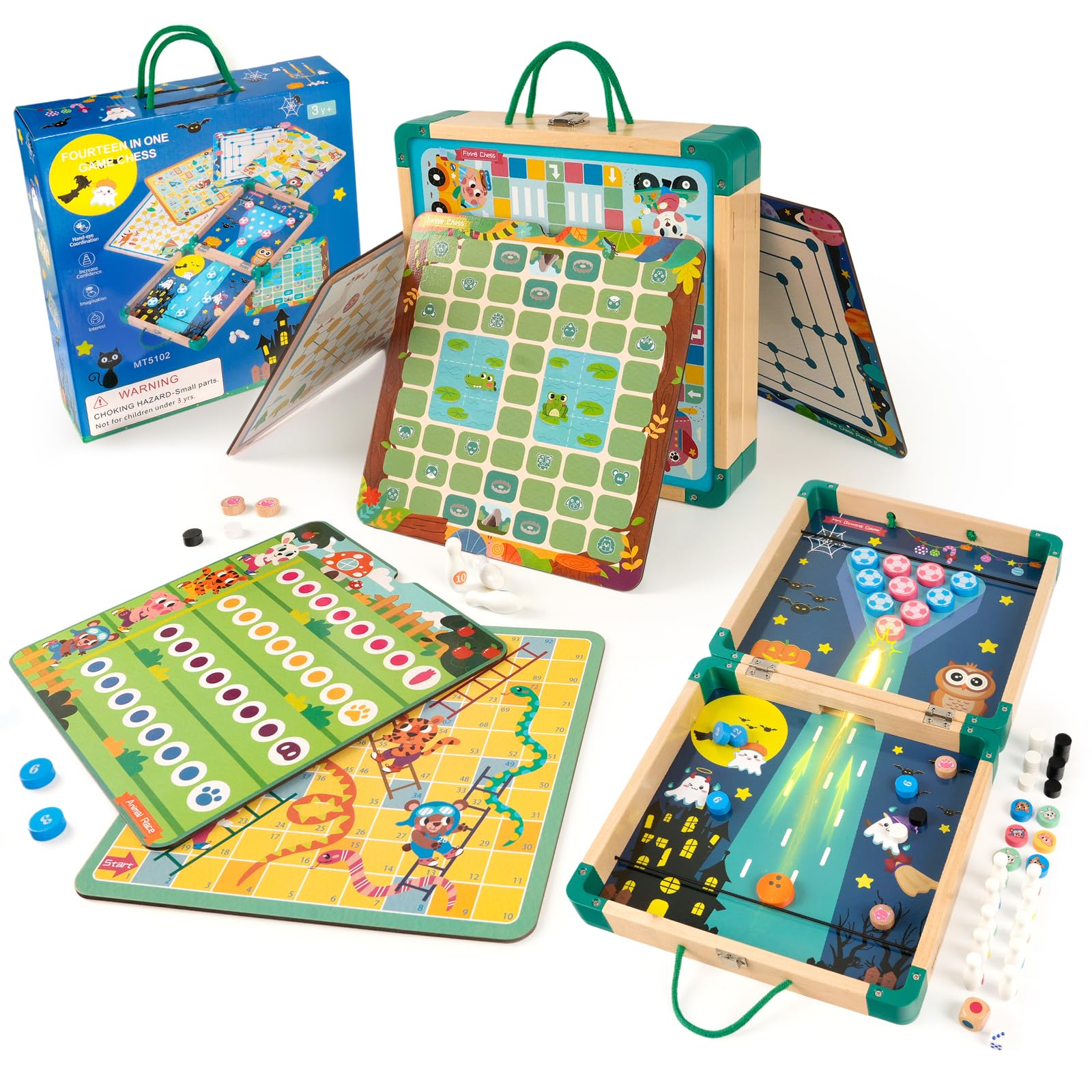 14-in-1 Wooden Fast Foldable Sling Puck Set for Kids and Adults, Multi-Game Combo with Snakes and Ladders, Bowling and More, Portable Travel Games Set, Interactive Families Toys