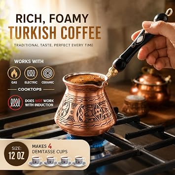 BCS 12 oz Handmade Copper Turkish Coffee Pot, Hand-Engraved Cezve & Spoon | Greek/Arabic Coffee Maker Briki/ibrik | Made in Turkey | Tin Lined | Gas & Electric Stovetops; Not Induction | Wooden Spoon