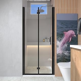 28 Inch Frameless Bifold Shower Door, Clear Tempered Glass Pivot Door for Small Bathroom, Matte Black, Easy Installation
