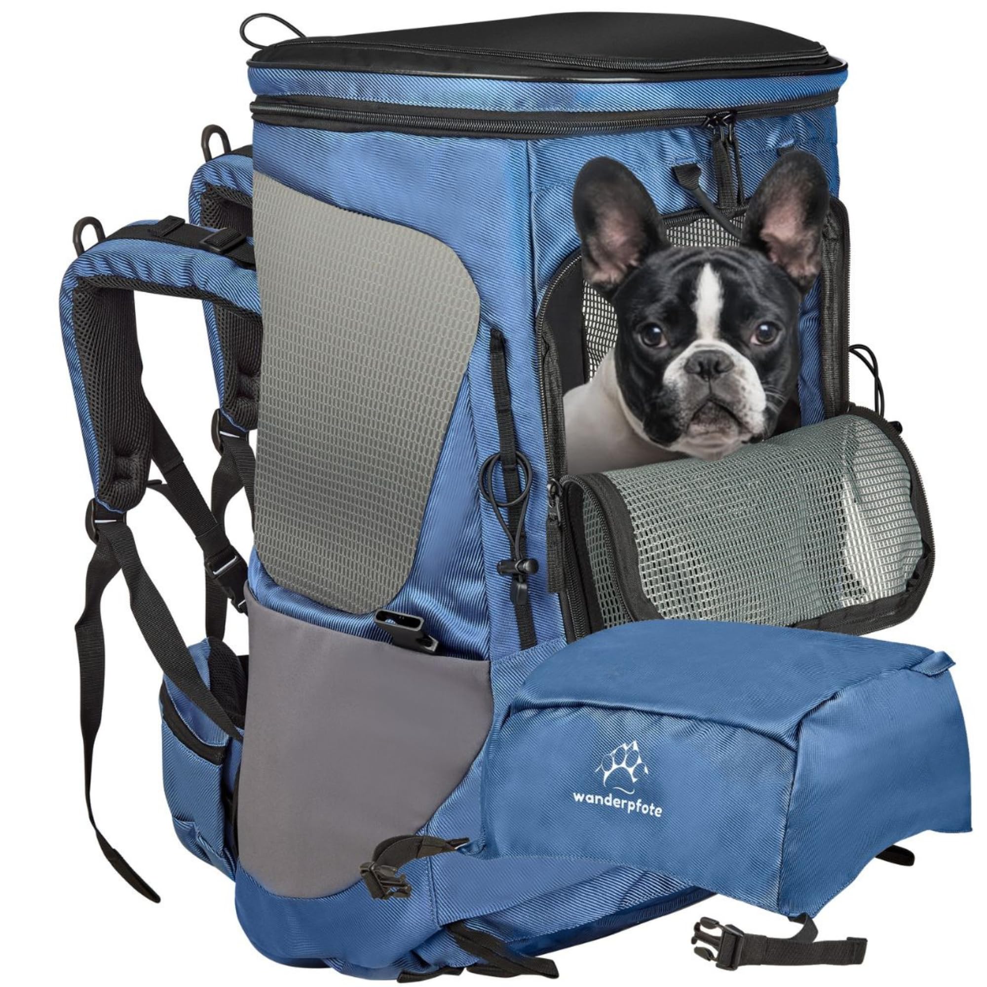 Trekking Hunderucksack bis 12kg zum Wandern - Größe M, Farbe Blau - Premium Rucksack mit Höhenverstellbarem Tragesystem und Stauraum für Gepäck