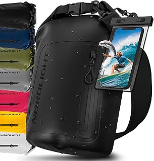 Nordlight Dry Bag wasserdichte Tasche mit Handyhülle + Roll-Top, Schultergurt | Drybag wasserfester Rucksack Beutel Packsack Seesack Wassersack Wetbag | Baden Schwimmen Strand SUP – Schwarz, 20 Liter