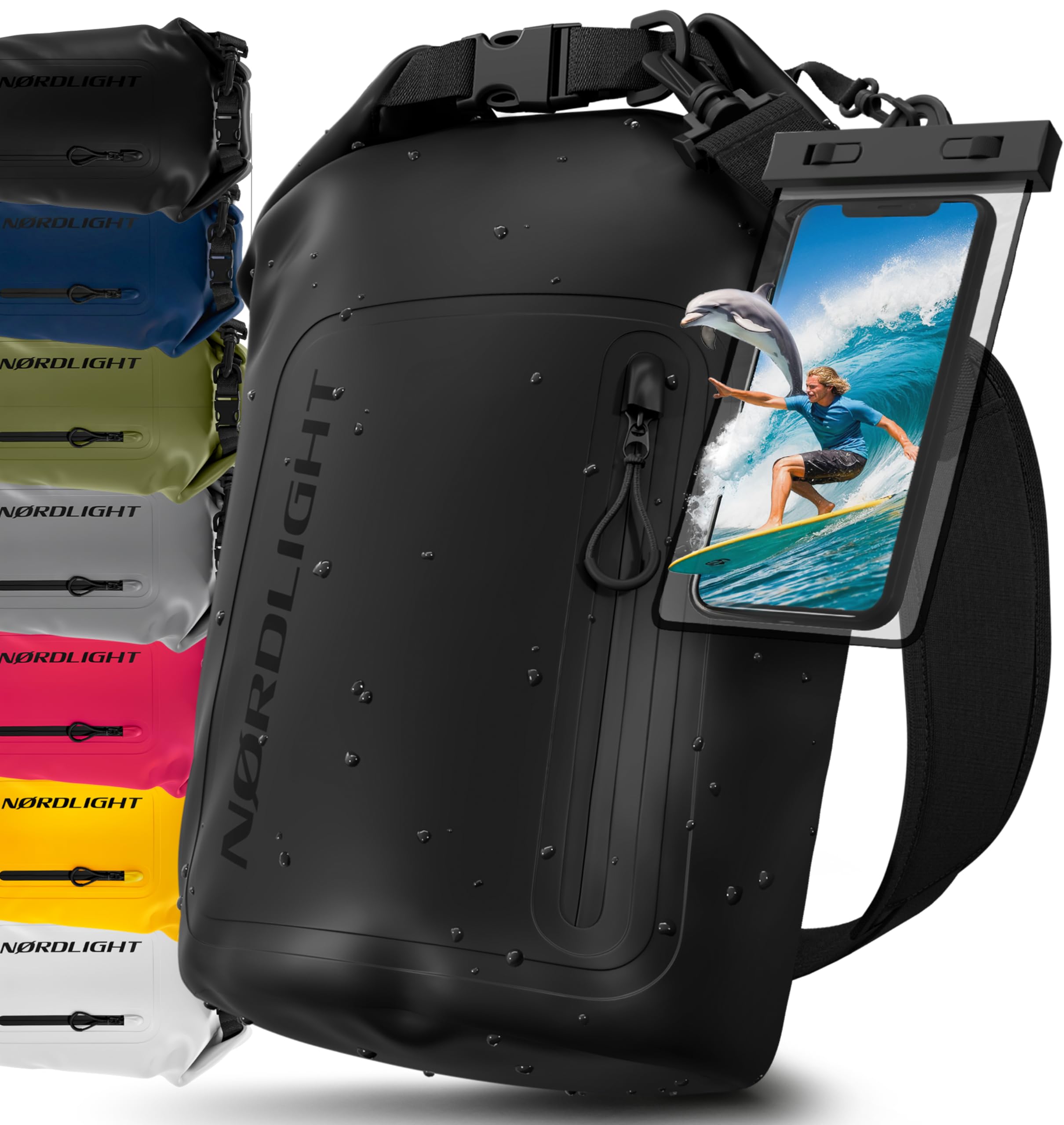 Nordlight Dry Bag wasserdichte Tasche mit Handyhülle + Roll-Top, Schultergurt | Drybag wasserfester Rucksack Beutel Packsack Seesack Wassersack Wetbag | Baden Schwimmen Strand SUP – Schwarz, 20 Liter