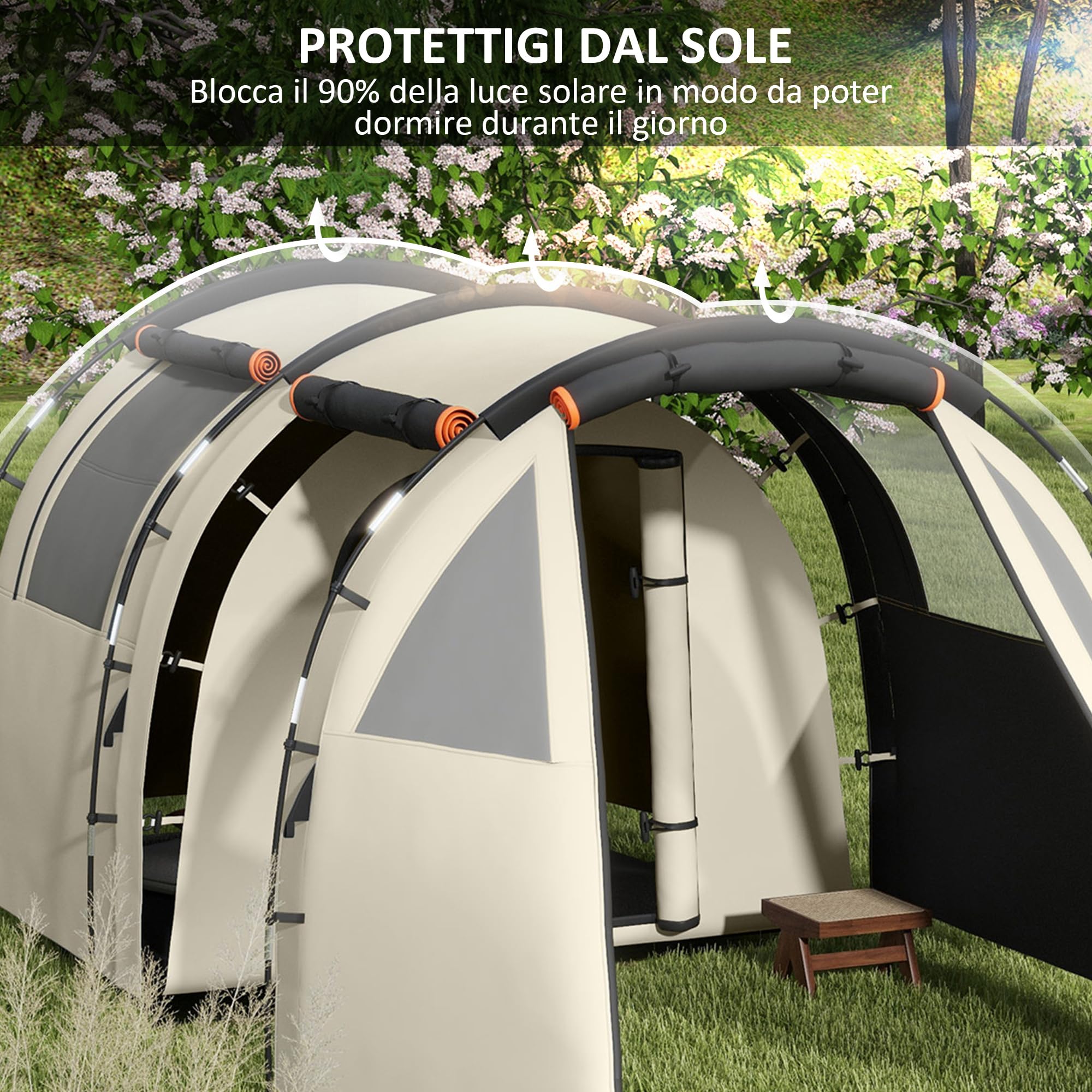 Outsunny Tenda Campeggio per 4-5 Persone con Copertura Impermeabile, Tenda a Tunnel Familiare con Borsa di Trasporto, Kaki