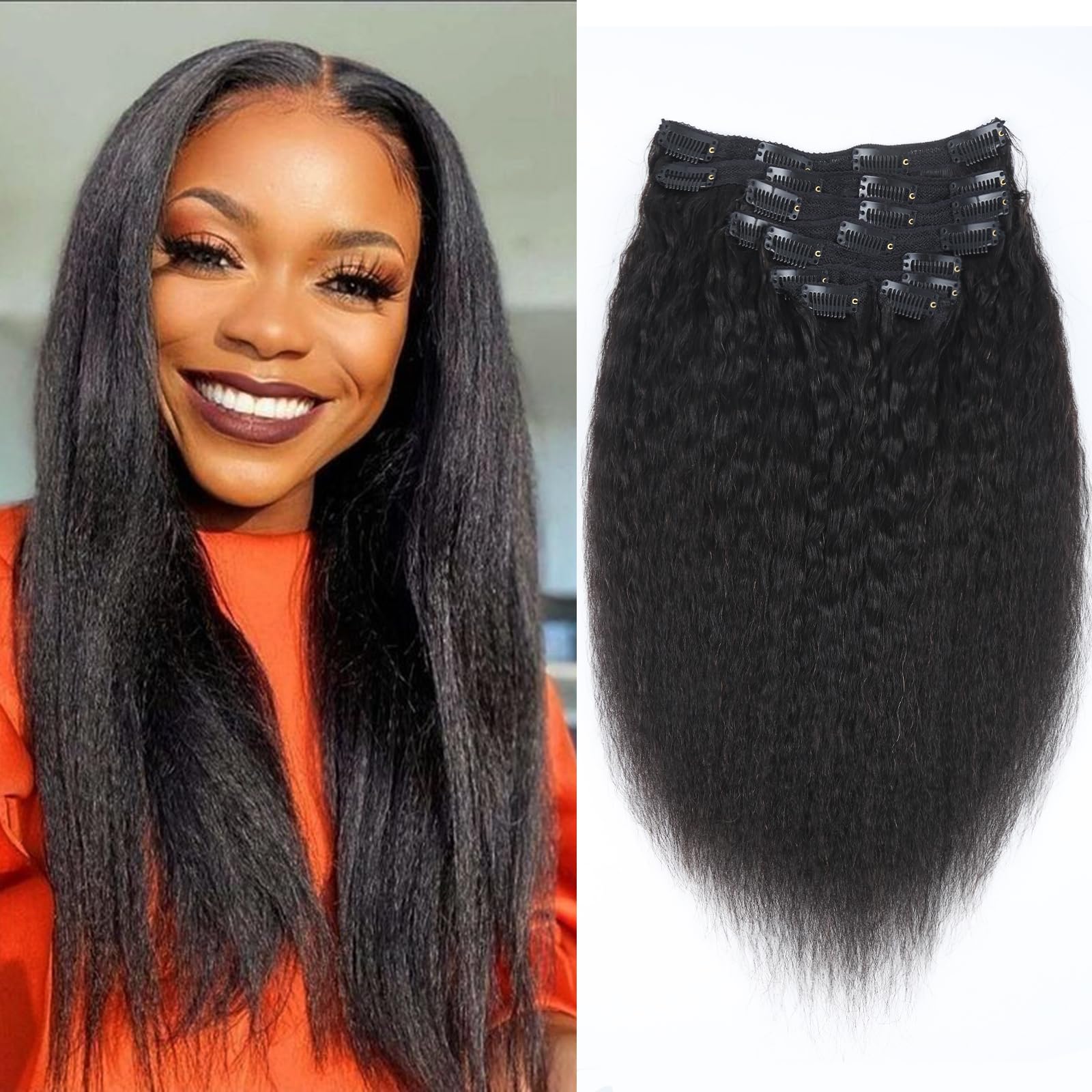 Clip in Hair Extensions Real Human Hair Kinky Straight Human Hair Extensions for Women 20 Inch 8Pcs Clip ins Brazilian Virgin Human Hair Pieces 120g 20 Clips Natural Black