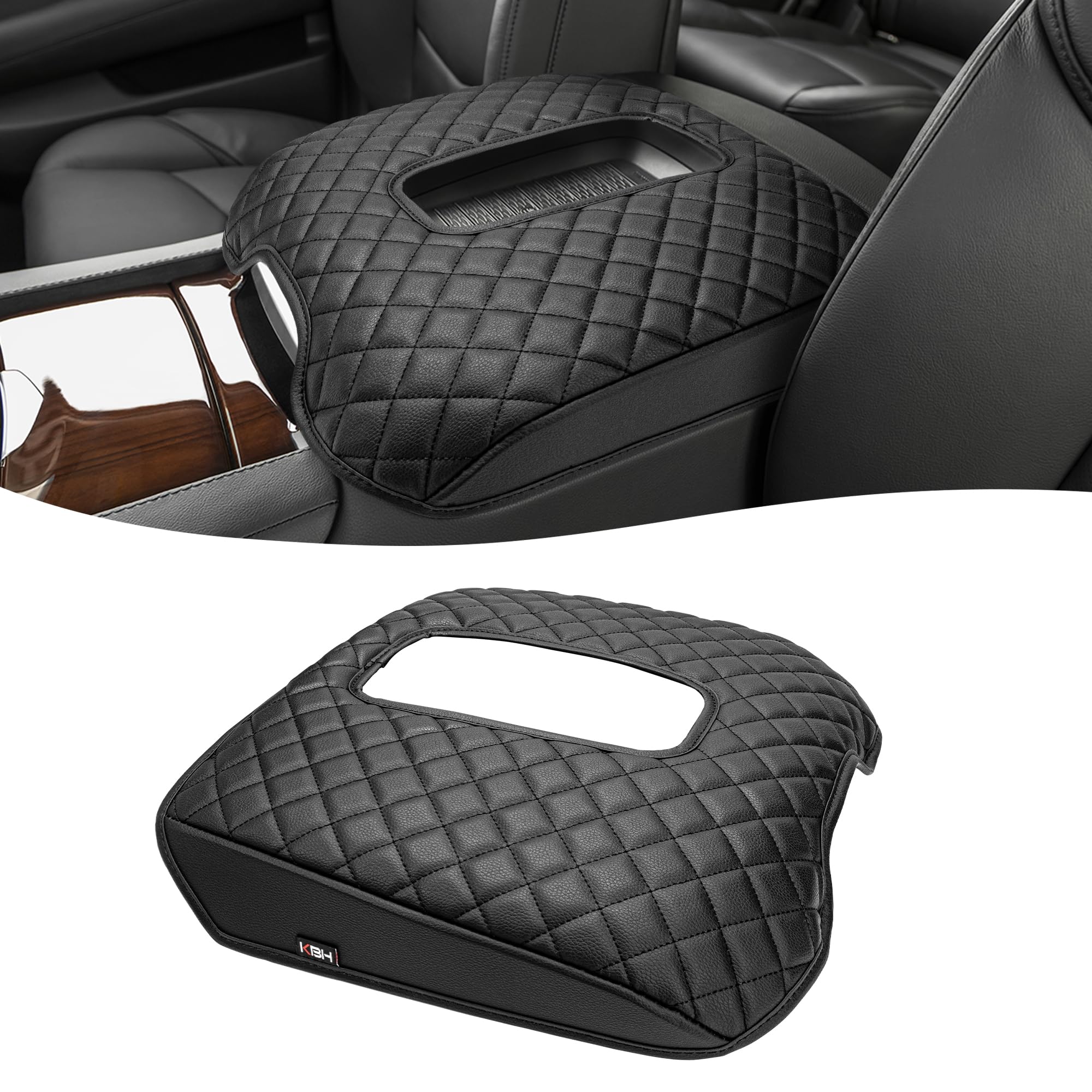 KBH Center Console Armrest Cover for 2015-2020 Cadillac Escalade, Vinyl Leather Trim, Middle Console Cushion Protector, Anti-Scratch, Black