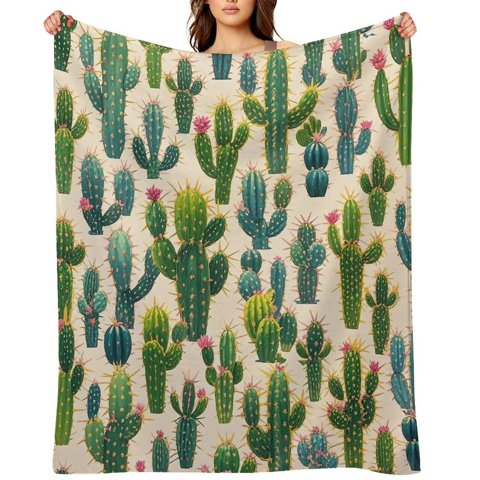 Flannel Cactus Pattern Throw Blanket for Couch Super Soft Fuzzy Cozy Flannel Blankets No Shed No Pilling FAnti-Static Winter Bed Blanket Decorative and Giftable Blankets