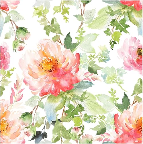 Blooming Wall DPY36 - Papel pintado de acuarela con rosas rojas frescas con hojas verdes, autoadhesivo, removible, para decoración de pared