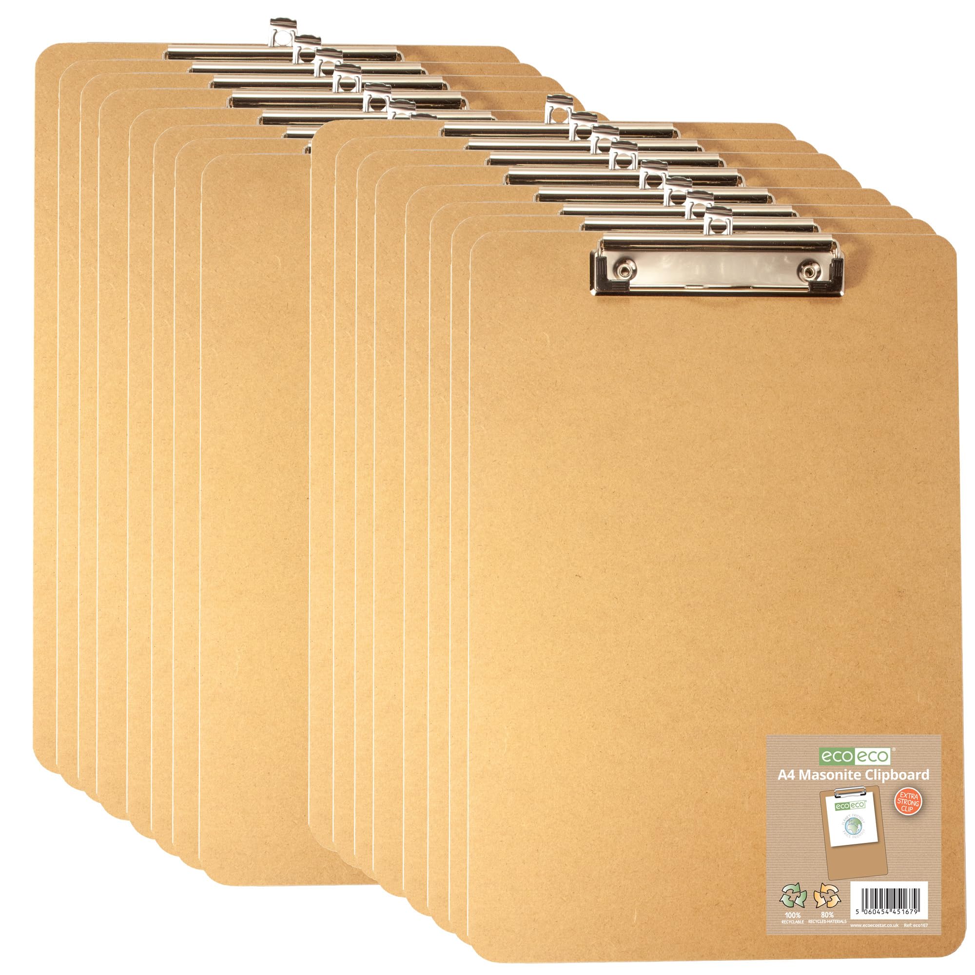 eco-eco A4 Masonite Strong Clipboard with Low Profile Metal Clip, Pack of 12, eco167x12