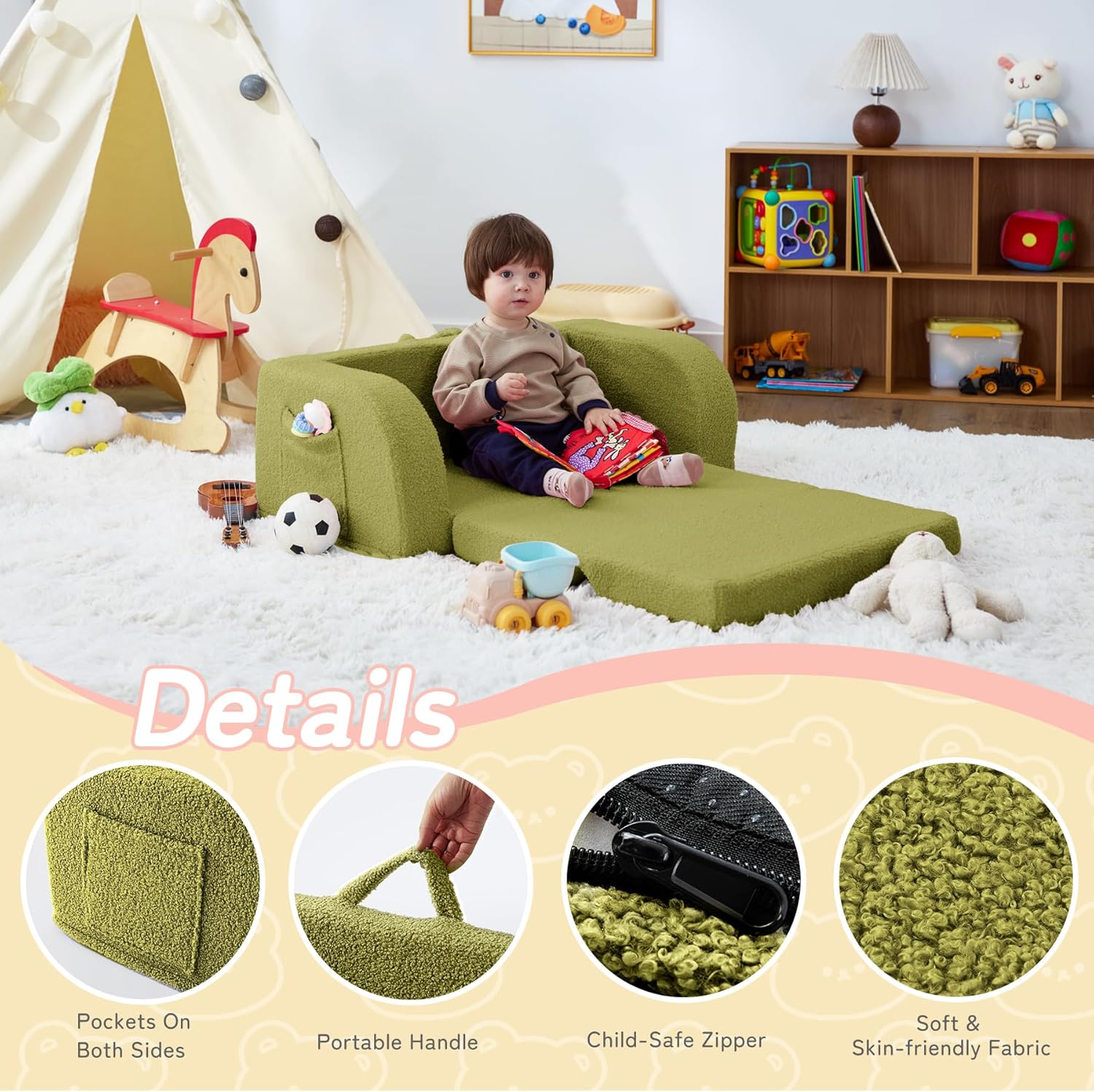 Toddler Couch, 2-in-1 Toddler Chairs Comfy 1-3 Years Old, Toddler Chair for Girls and Boys, Kids Couch Bed Fold Out, Convertible Baby Sofa to Lounge Chair for Playing, Reading, Napping, Double, Green - Image 4