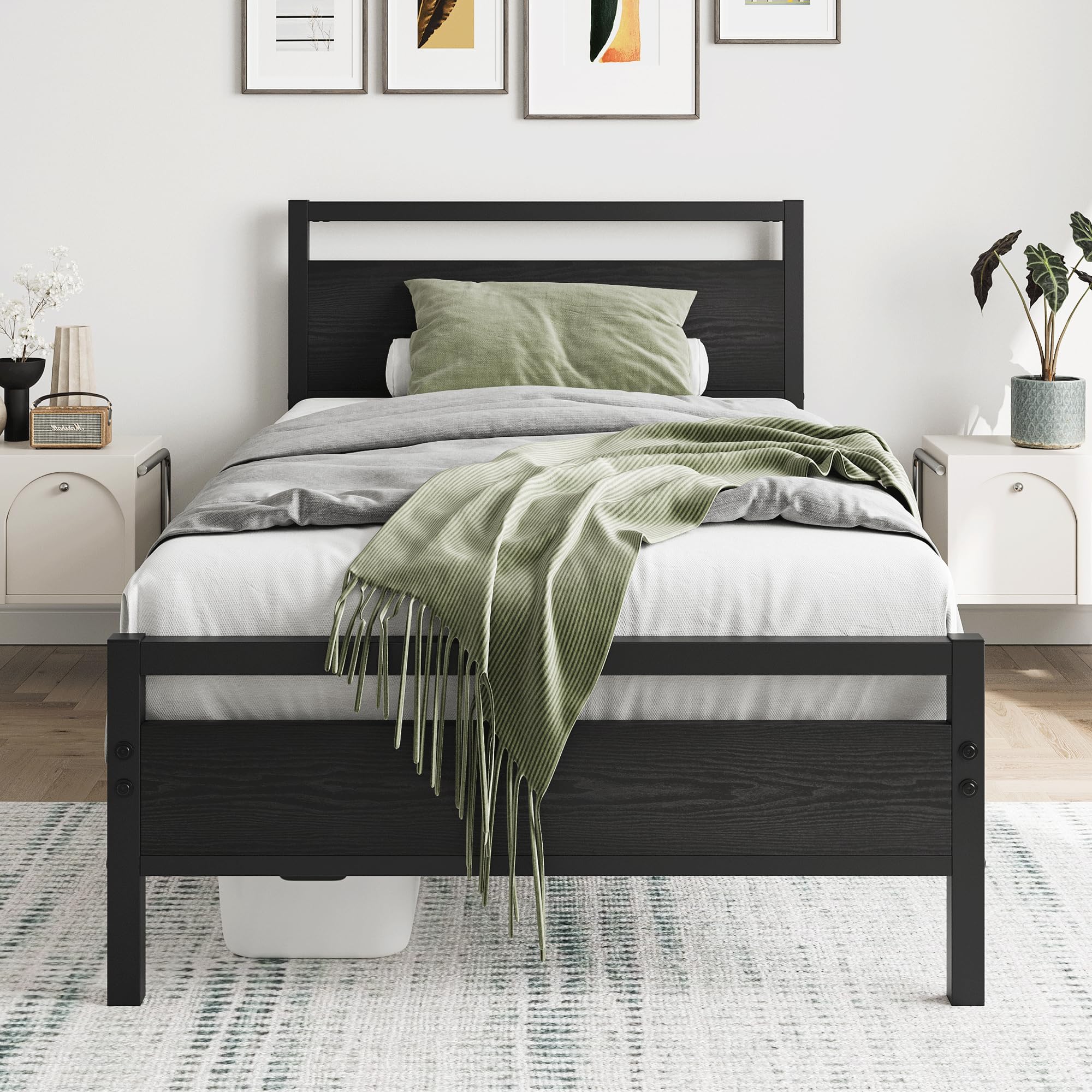 HOJINLINERO Single Bed Frame with Wood Headboard,Solid Metal Platform Bed Frame Single Mattress Base,Modern Style,Underbed Storage Space,Metal Slatted Bed Base for Teenagers/Adults,Black