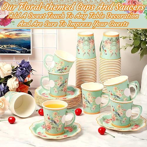 Miniatura 5 de Mifoci 200 suministros vintage para fiestas de té, incluye 100 platos de papel floral y 100 tazas de té de papel desechables de 9 onzas para bebidas