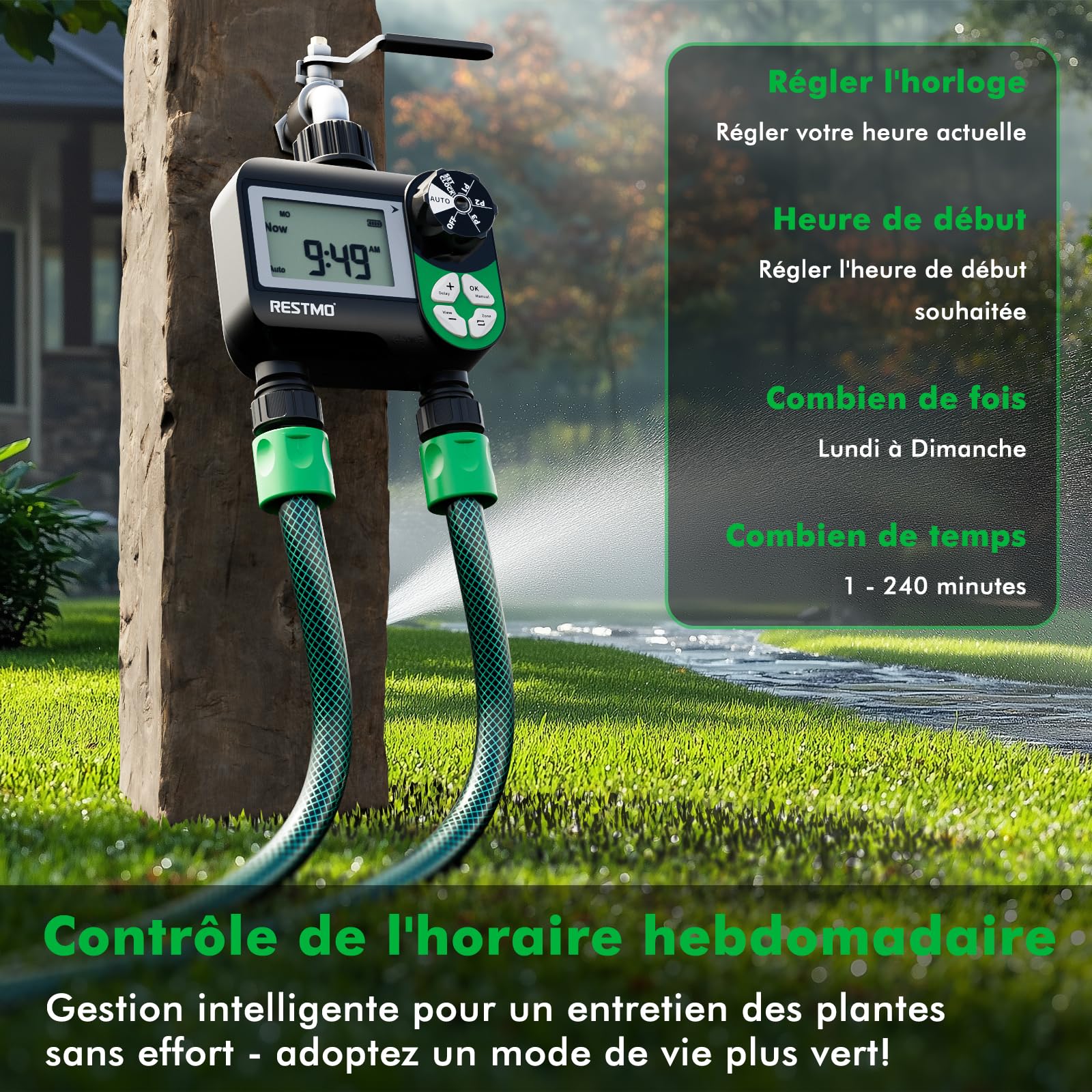 Restmo Programmateur arrosage Minuteur d'arrosage programmable sur 7 Jours | 3 programmes séparés, contrôle automatique/manuel/retard de pluie pour irrigation goutte à goutte 2 zones