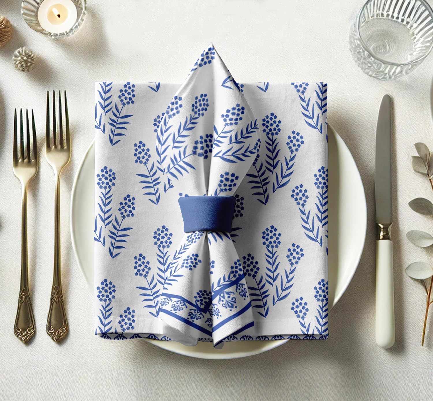 Designer Cotton Twill Napkins - Set of 12, 20-Inch, Floral Pattern, Durable & Absorbent Cloth Napkins for Dining, Parties, and Home Decor - Machine Washable