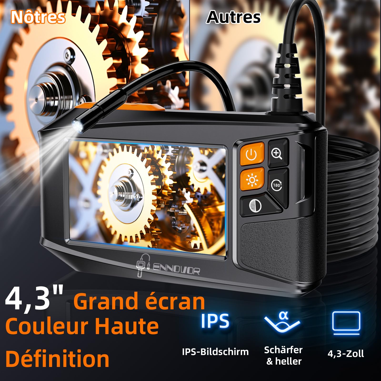 Camera Endoscopique 10M avec Écran et Lumière, 1920P HD Camera Inspection Canalisation Industrielle, Écran IPS 4,3 Pouces et 8 LED Réglables, No App No WiFi Caméra Câble Semi-Rigide (33FT)