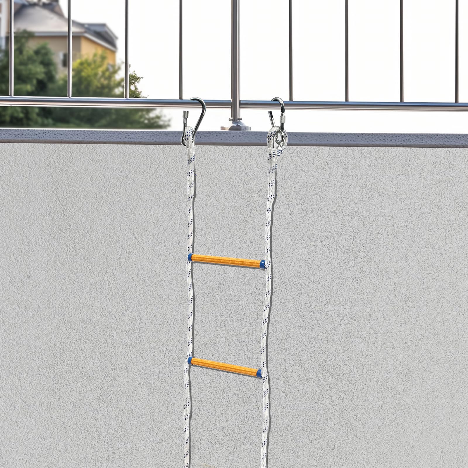 Escalera de cuerda de 6 m con 2 ganchos, capacidad de carga de 200 kg, cuerda de polipropileno ignífuga y mosquetón de acero al manganeso para balcón, apartamento, casa en el árbol, resistente al