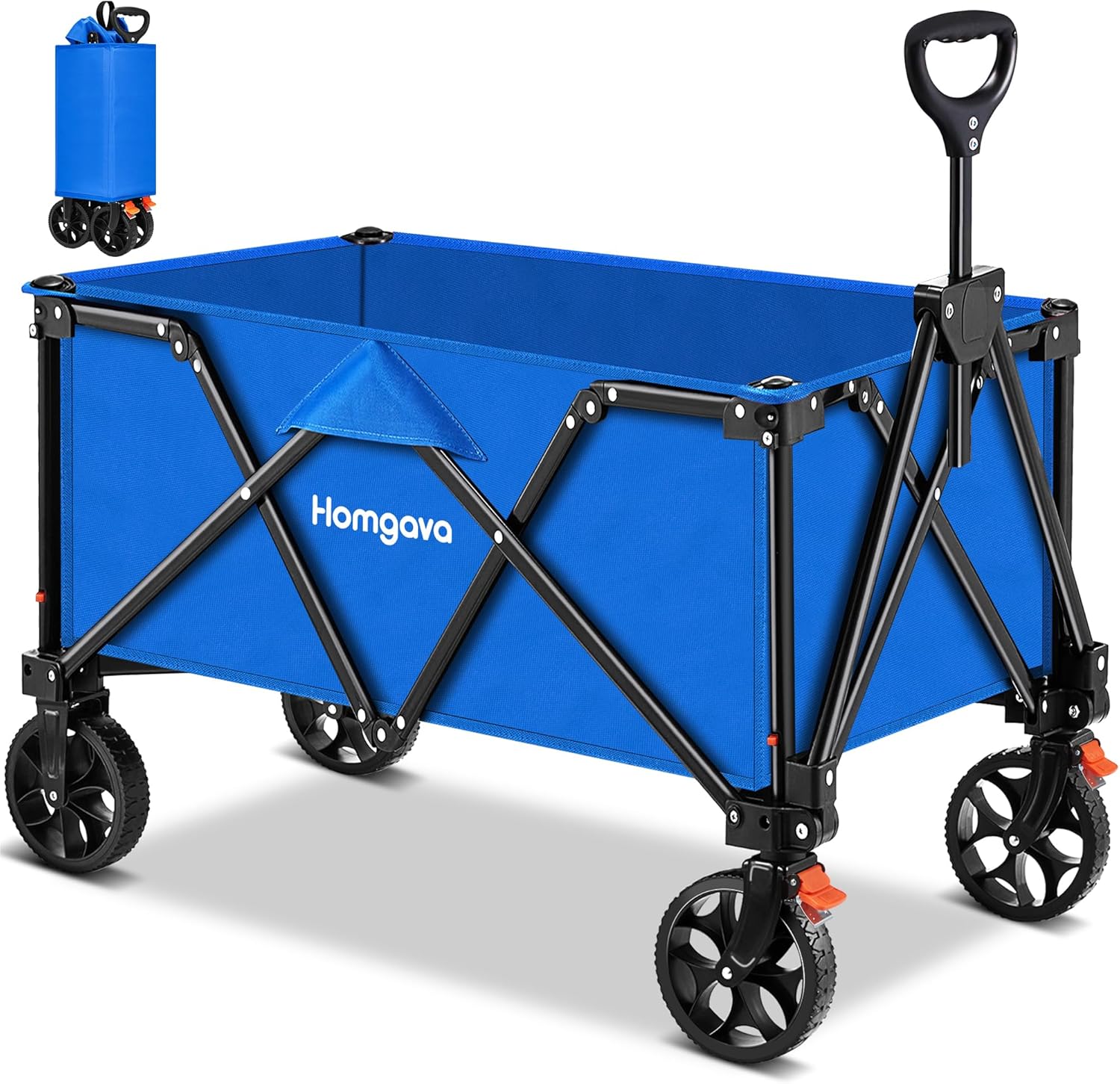 Collapsible Folding Wagon Cart, Large Capacity Camping Wagon, All-Terrain Foldable Wagon, Heavy Duty Utility Wagon Cart with Brakes for Grocery Outdoor Beach Gardening Shopping Fishing Blue & Orange
