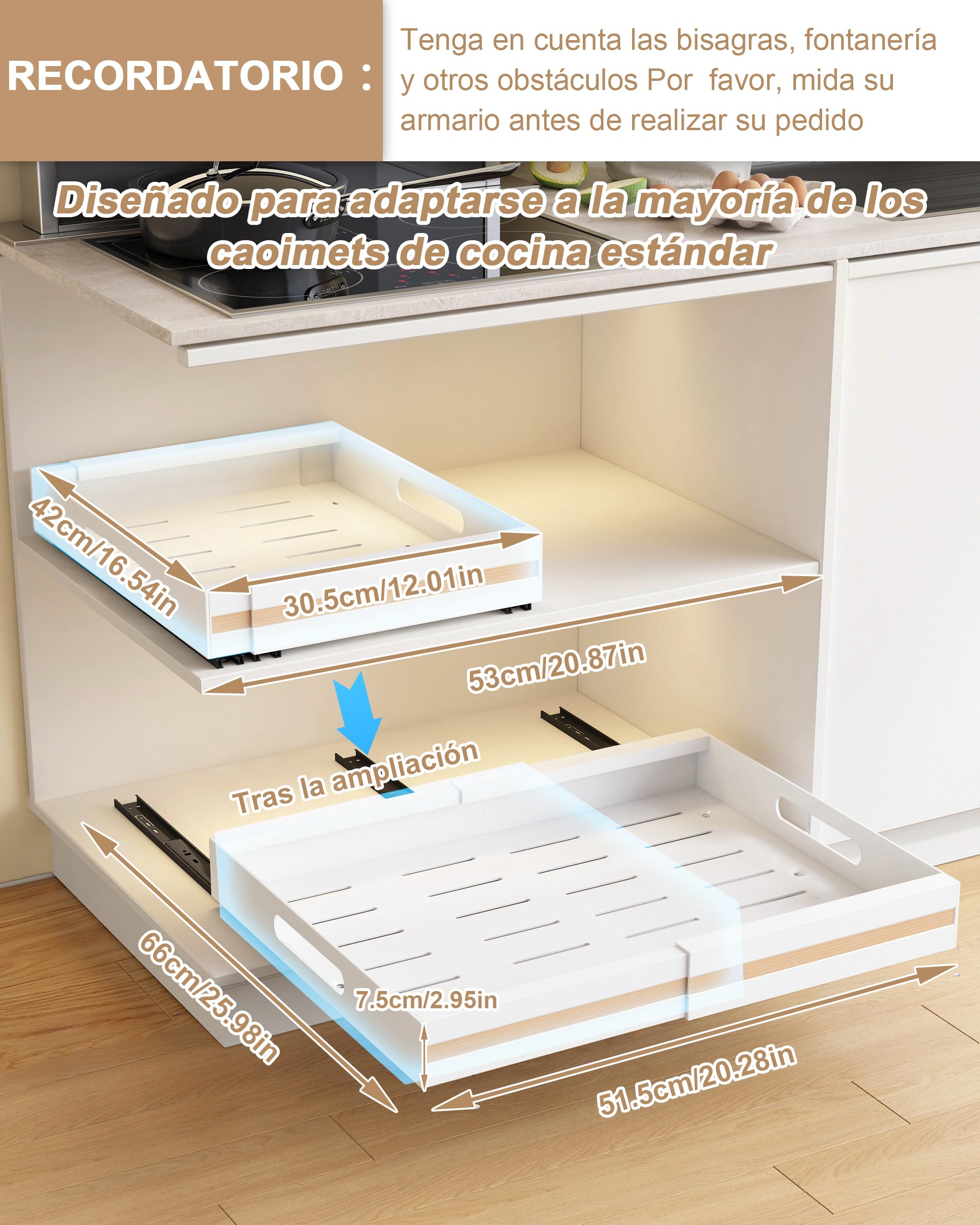 UMDONX 2 Paquete Organizador Armario Cocina Cajones Extraibles Adhesivos - Cajones Deslizables y Estantes para la Despensa, Ancho Ajustable de 30.5 a 51.5 cm, Blanco