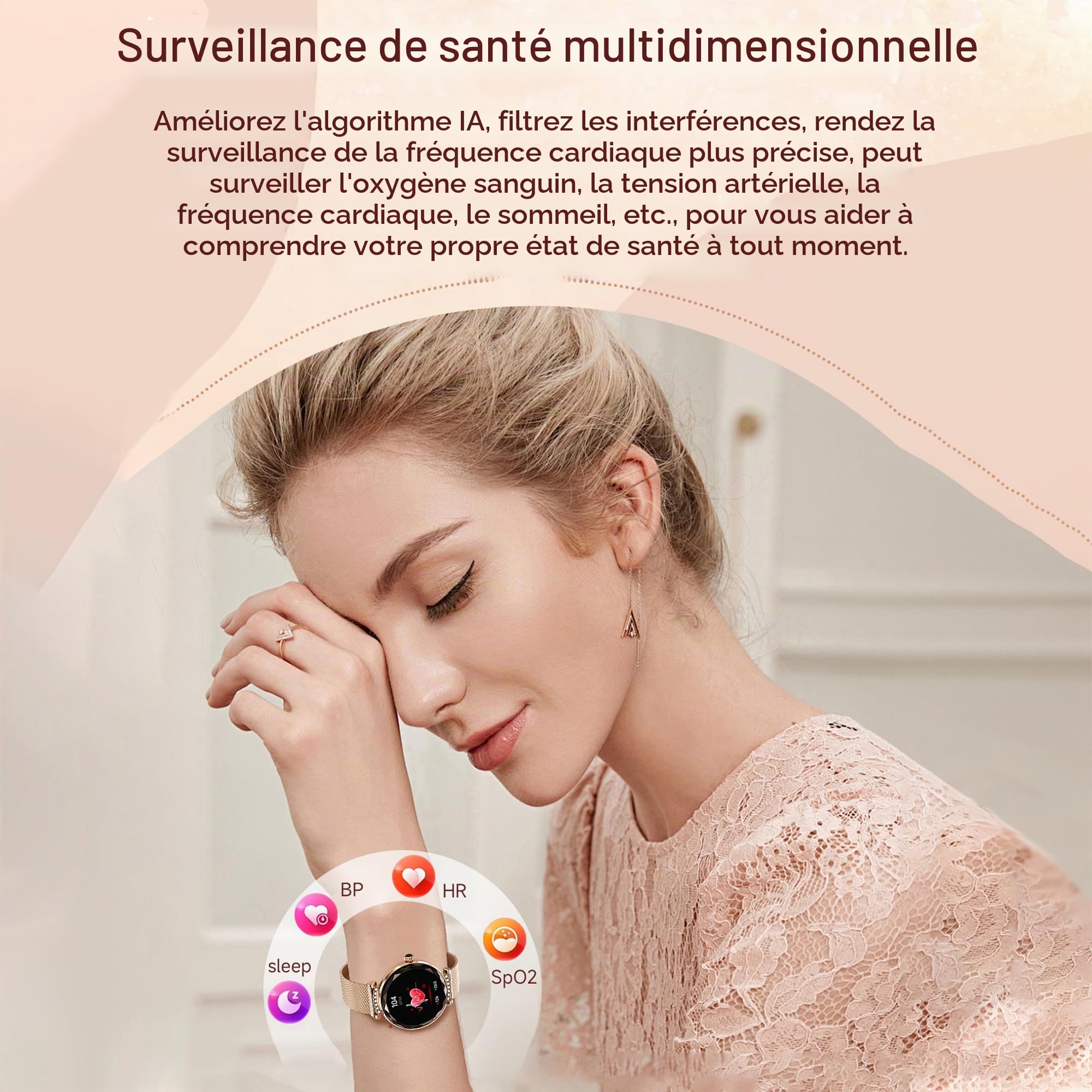Montres Connectées Femme avec Tension Artérielle/Réponse aux Appels/Rythme Cardiaque/Pas/Sommeil/Multisports/Étanche IP68, Tracker Fitness 1,19" pour iOS Android (Argent avec Diamants)