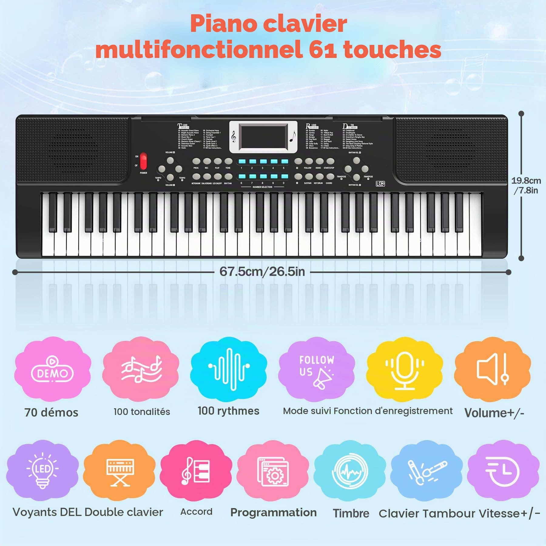 Enfants Piano Clavier 61 Touches Électronique Piano avec Touches Lumineuses