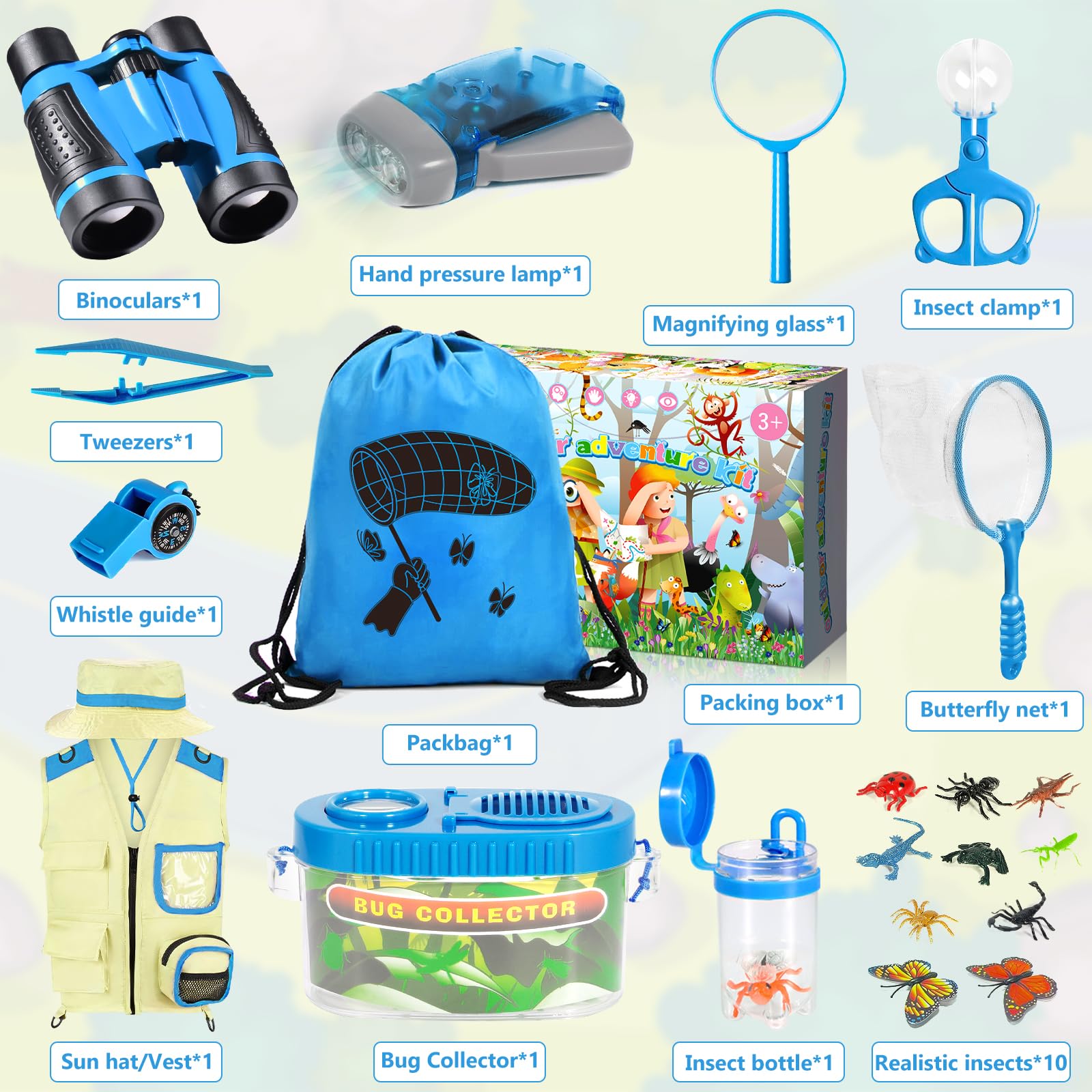 23 PCS Kit Esploratore Bambini, Set di Esplorazione per Bambini, Set Explorer Outdoor Giocattoli, con Binocolo, Gilet, Cappello, per età 3+, Anni, Kit di esplorazione Regalo (Blu)