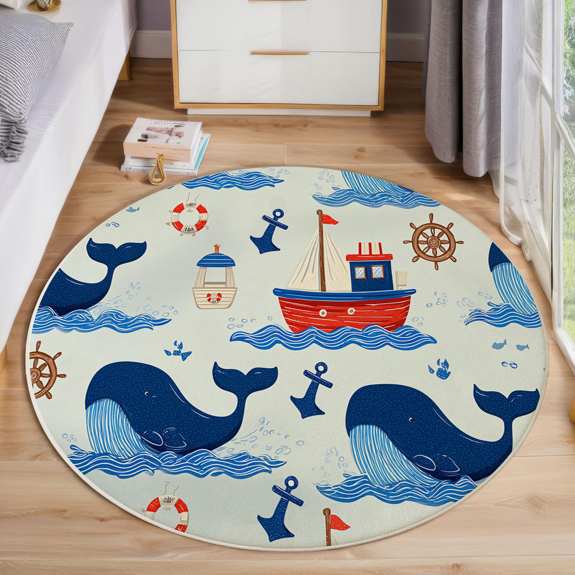 Tapis baleine de mer voilier design nautique bleu clair 120 cm