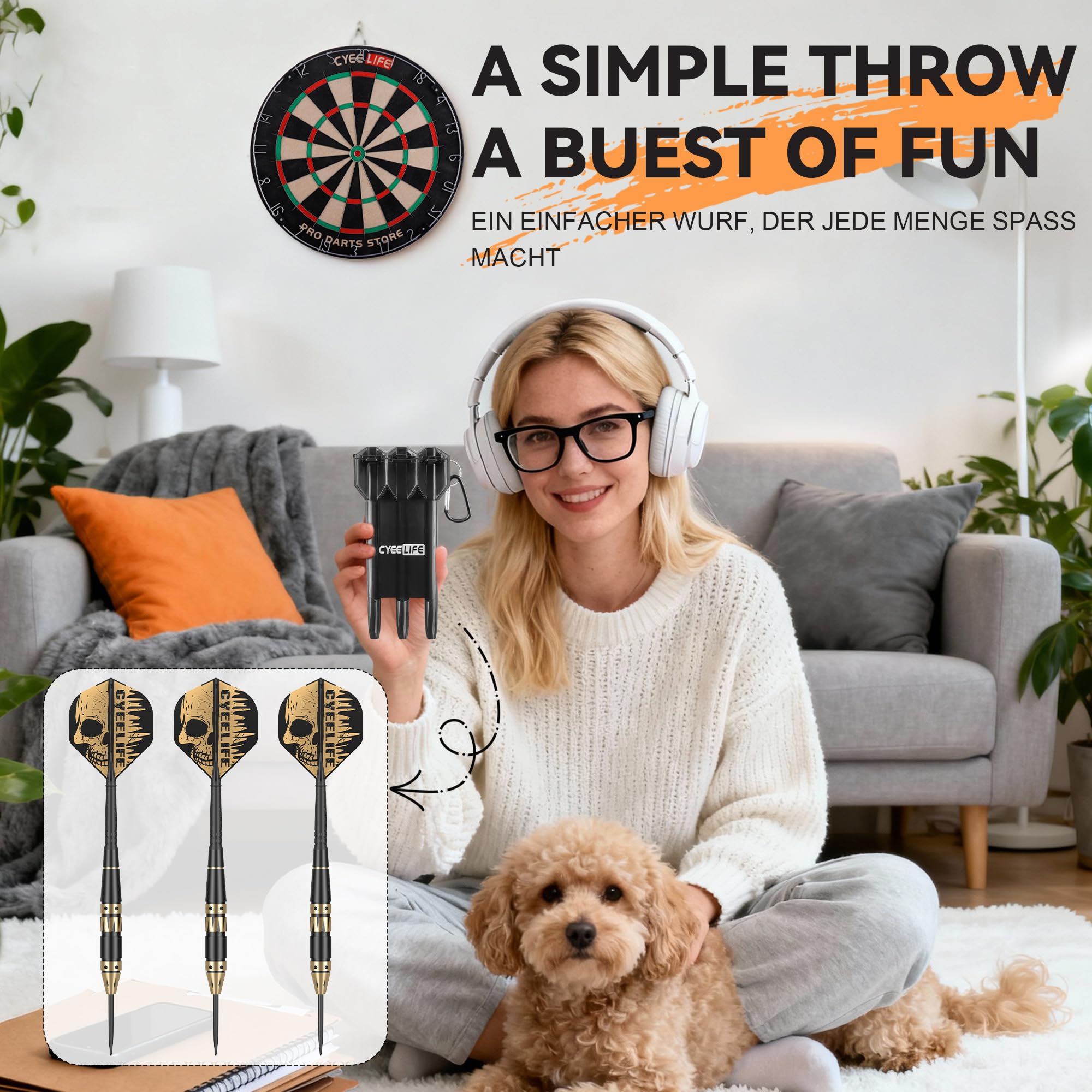 CyeeLife Flechette Pointe Acier 24g Barrels en Laiton Set de fléchettes avec Flights Aiguiseur Coffret