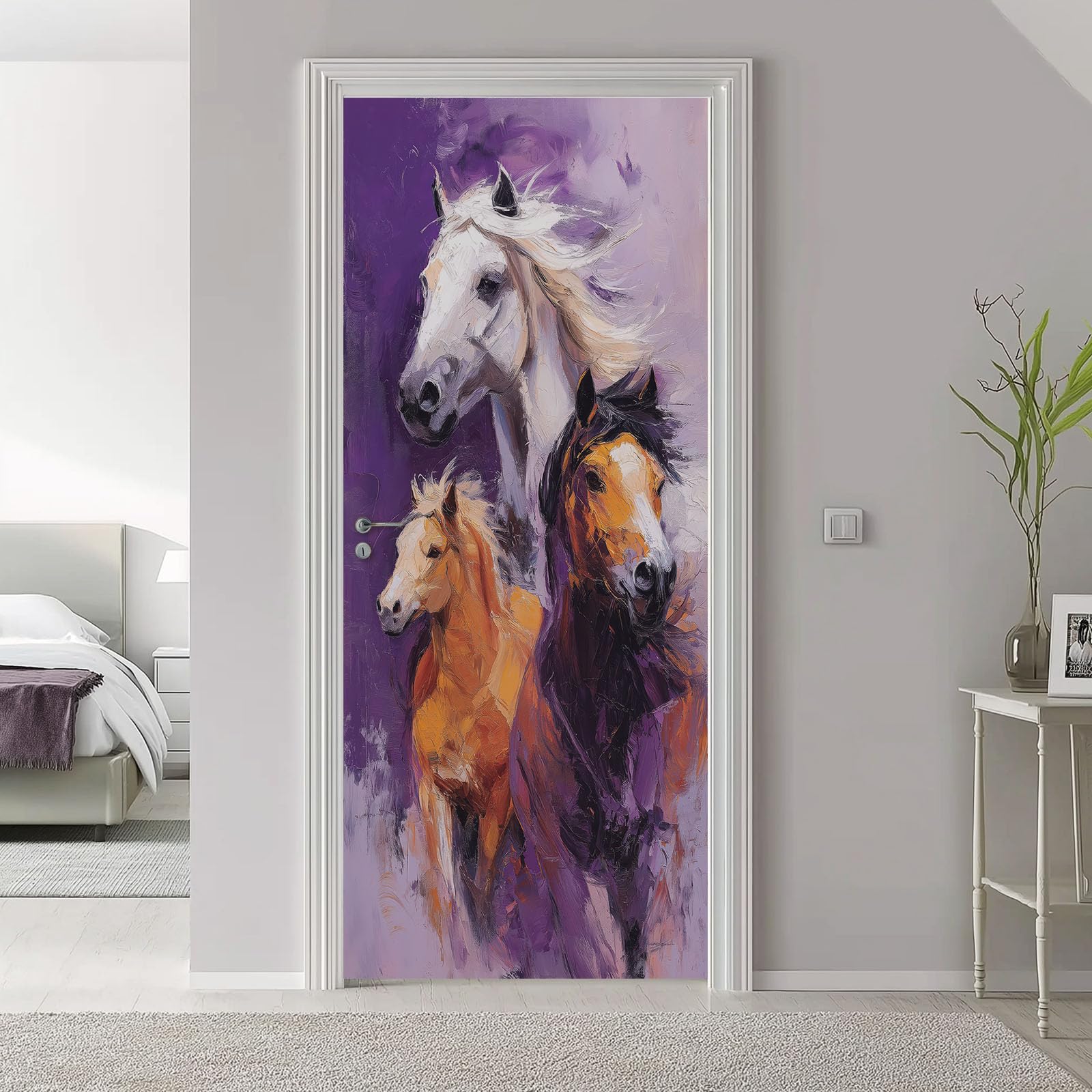 Adesivo per porta con cavallo, motivo astratto graffiti con animali, in PVC, impermeabile, rimovibile, viola, per camera da letto, soggiorno, decorazione per la casa, 95 x 210 cm