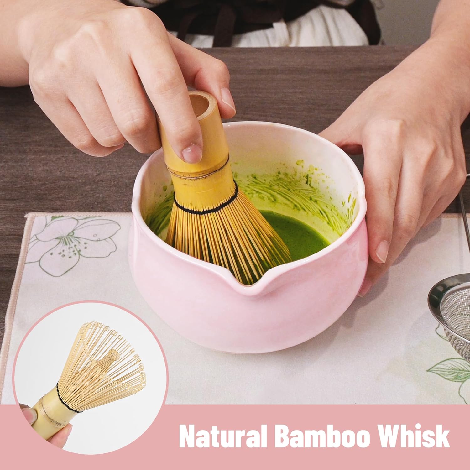 Matcha Whisk Set - 8 Pieces Japanese Matcha Set with Floral Ceramic Bowl, Includes Bamboo Whisk, Scoop, Sifter & Towel, Matcha Kit for Traditional Tea Making (Ombre Pink)