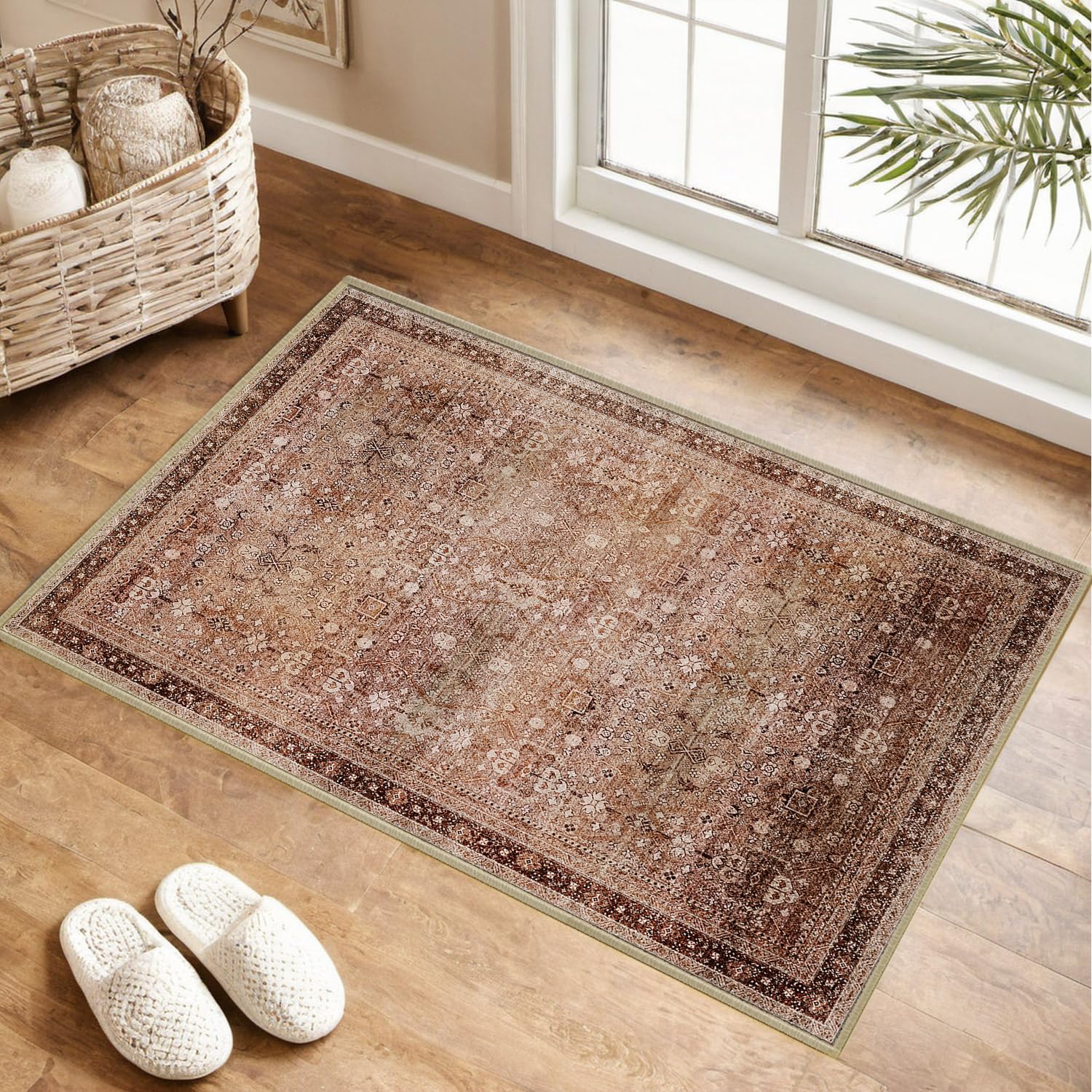 RELEANY Area Rug 2x3 Washable Area Rug 2x3 Rugs Vintage Farmhouse Neutral Rug 2x3 for Living Room Bedroom Dining Room Entryway, Low Pile Non-Shedding Easy Clean Area Rug, Brown Coffee