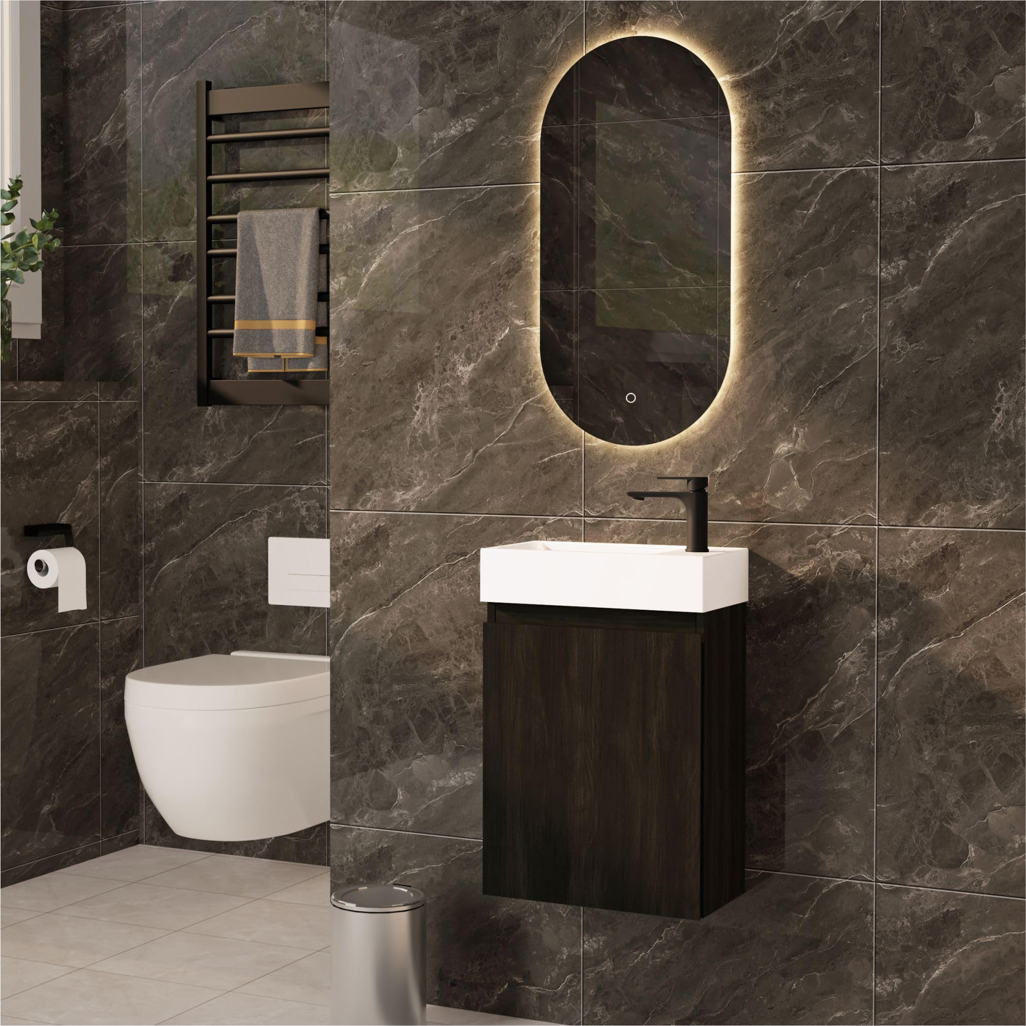 Waschtisch mit Unterschrank 40 cm- Badmöbel Set mit Waschbecken, Vormontiert Waschbeckenunterschrank Klein für Bäder, Gäste WC(Schwarz)