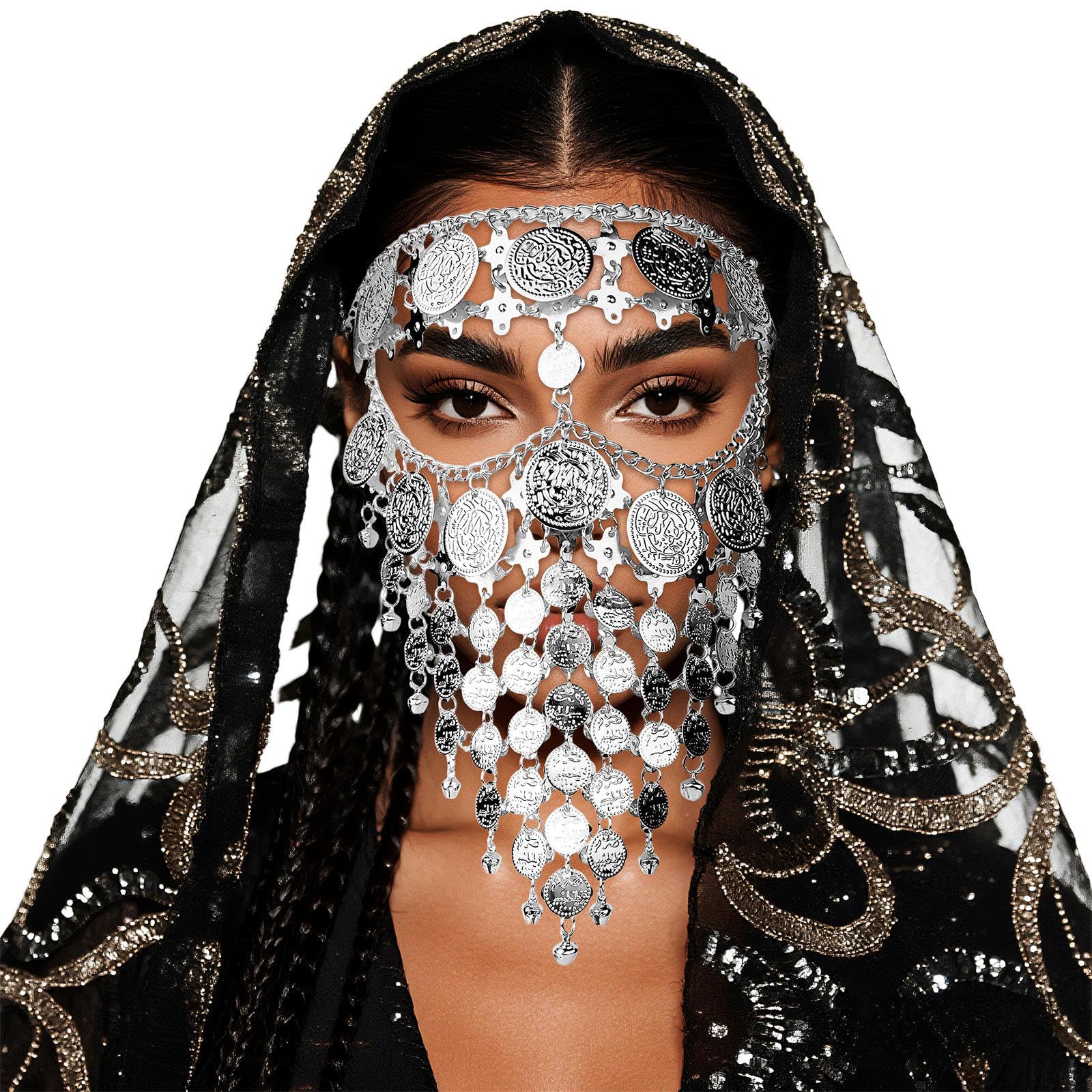 Oidea Multi-Layer Coin Tassel Cosplay Mask: Retro Party Mask Veil Headwear for Women Halloween Masquerade Dance Party Costume Face Chains Masks Accessories Silver
