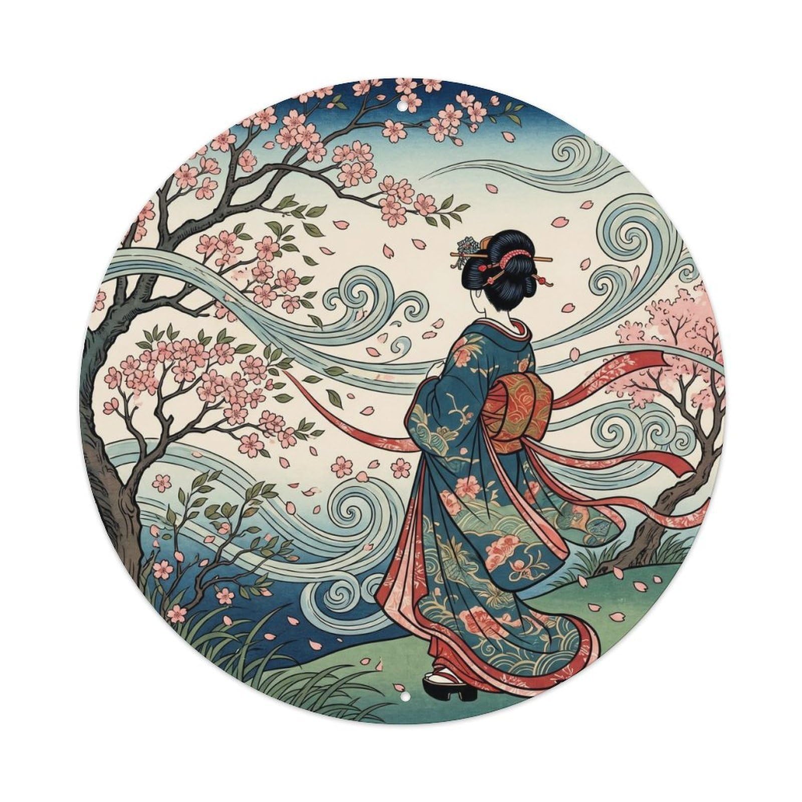 Galvaxio Style Japanese Kimono Woman Listening Wind Through Trees Metal Tin Sign