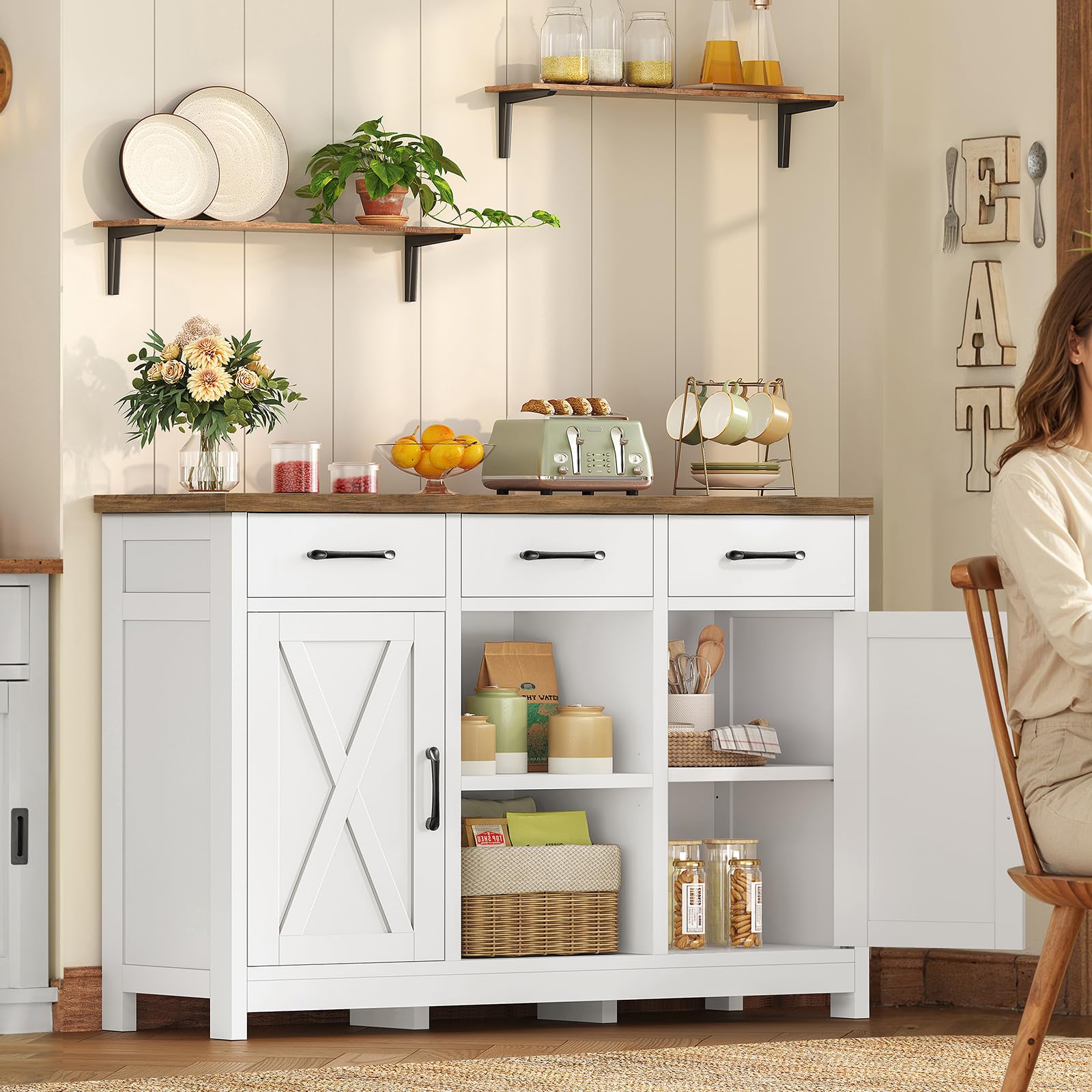 TEENFON Sideboard mit 2 Schränken, Sideboard Küchenschrank mit Arbeitsplatte, Buffetschrank mit 3 Schubladen & Verstellbaren Regalen, Küchenzeile für Küche, Wohnzimmer & Flur - 90 x 30 x 80 cm - Weiß
