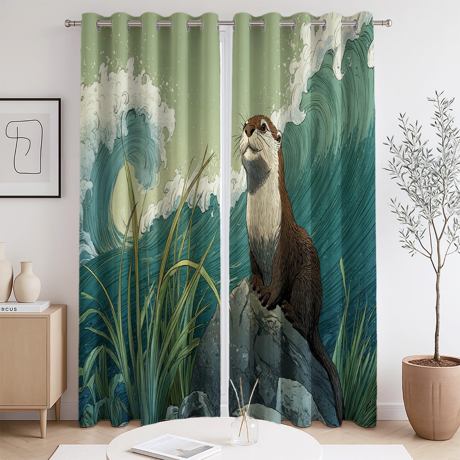 Genérico Kreskówka wieża wodna fale zasłona z nadrukiem - pranie w pralce zasłony sypialnia z oczkami, szałwiowa zieleń, 180 cm x 200 cm (2 panele)