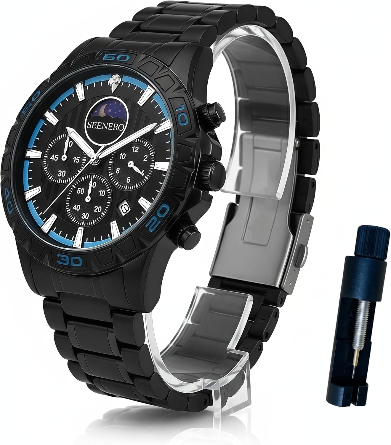 Watches for Men Luxury Stainless Steel Quartz Sports Fashion Dress Chronograph 3ATM Waterproof Watch with Moonphase Luminous Dial Perfect Mens Gifts Available in Black/Blue Or Silver/Blue
