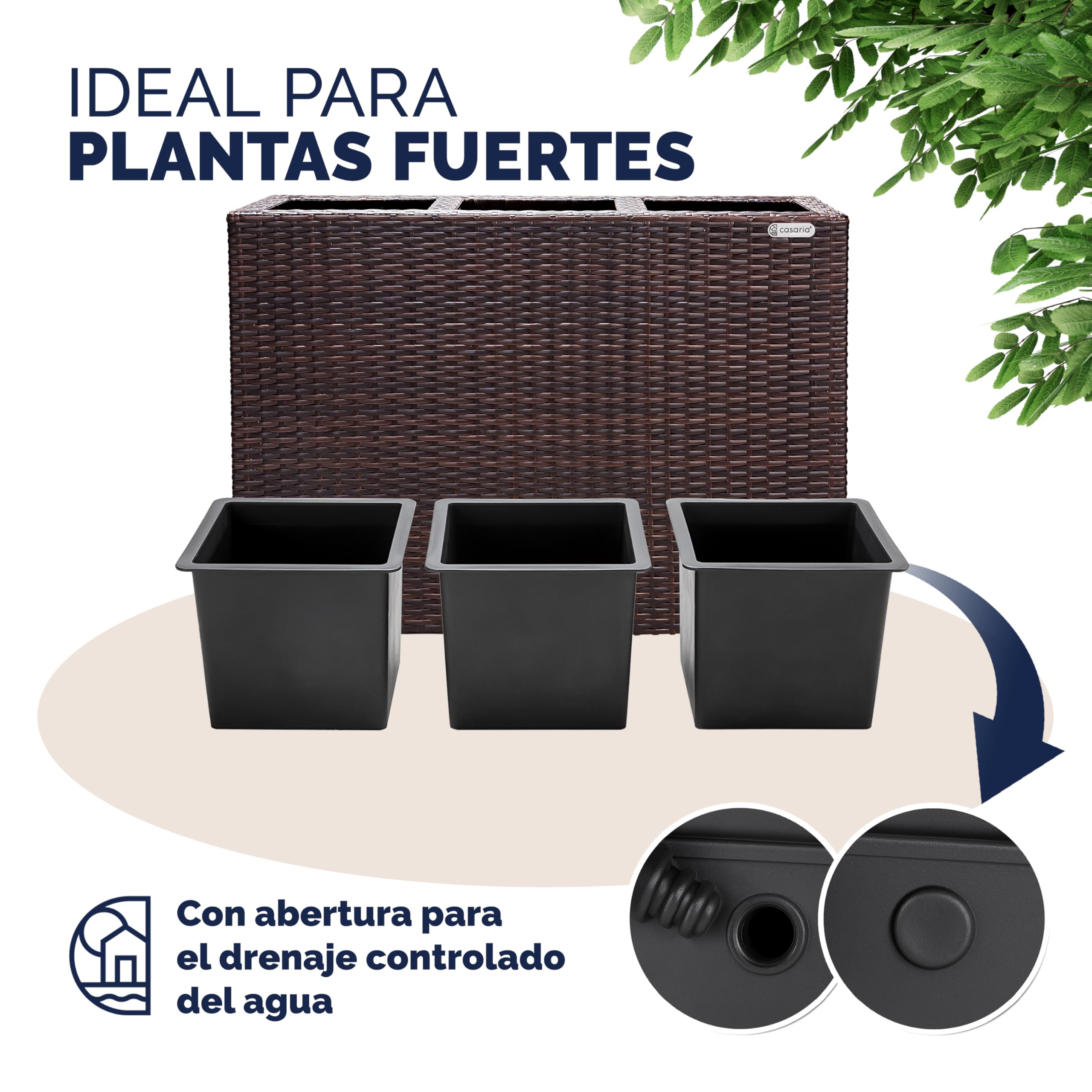 CASARIA® Macetero Exterior con 3 Macetas Internas Extraíbles con Drenaje de Agua Jardinera Poliratán con Enrejado 146x83x30,5cm Marrón