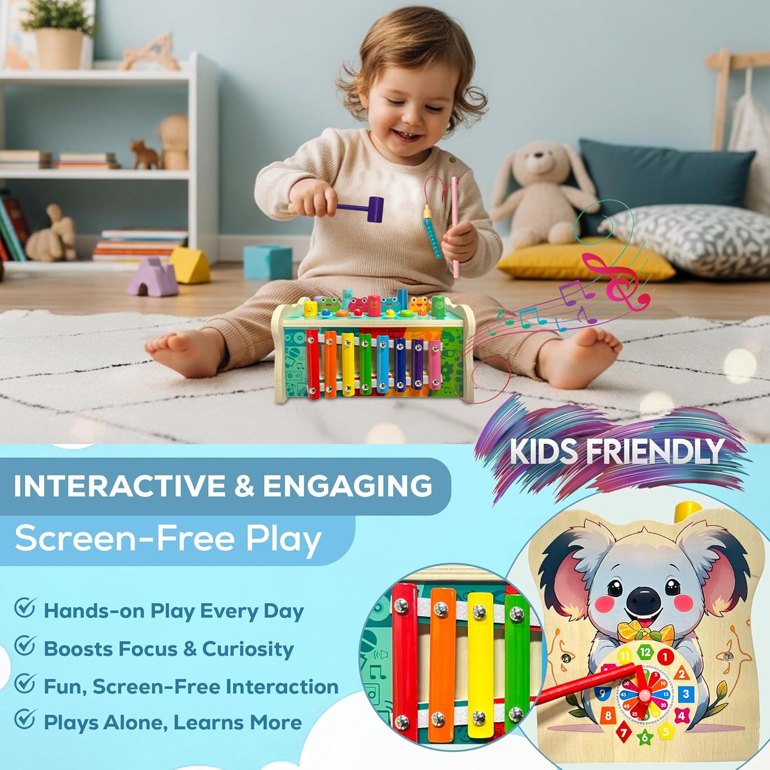 Montessori Wooden Hammering Toy – 6-in-1 Xylophone, Pound Bench, Shape Sorter & Learning Tool for Toddlers | Educational Musical Toy for Boys & Girls Ages 1–5 | Develops Motor Skills & Sensory Play - Image 5