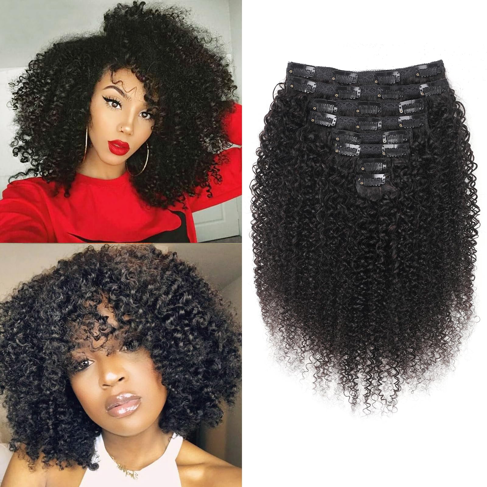 Kinky-Curly Human Hair Clips Extension a Clip Cheveux Naturel 120g-8pcs Invisibles à Clip Human Hair Clips ins Perruques Pour Femmes Noires Clip Extension Brazilian Virgin Cheveux 12"