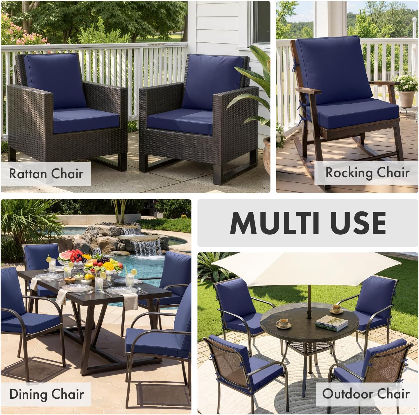 MIULEE Navy Outdoor Dining Cushion 20x20 Inch Waterproof & 3 Year Color Fastness Deep Seat and Back Cushion for Patio Furniture Chair with Ties