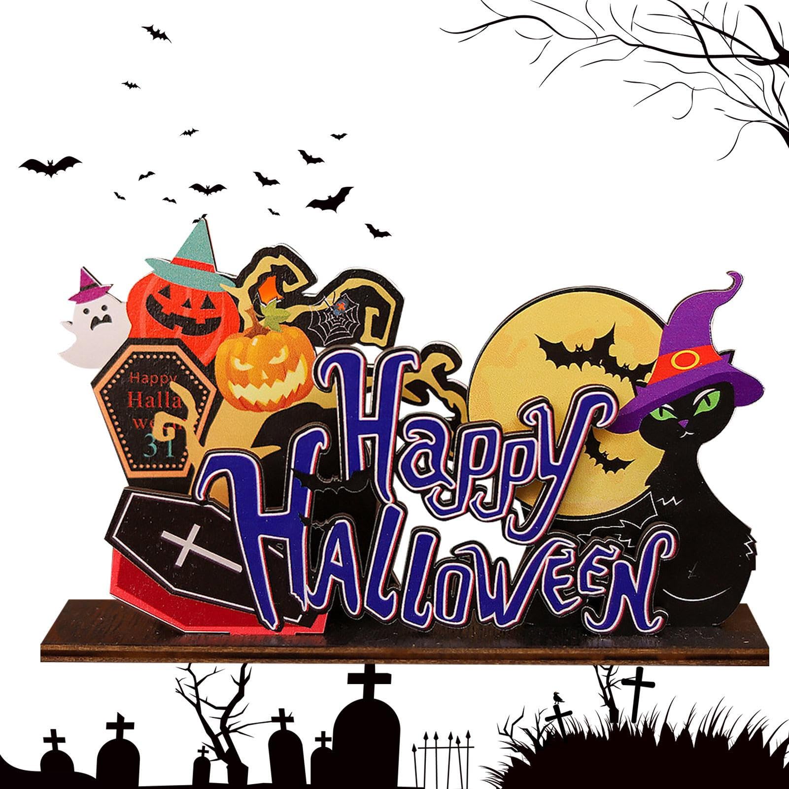 Halloween Deko – LED Kürbis & Geister Tischschilder Aus Holz, Gruselig & Stylisch