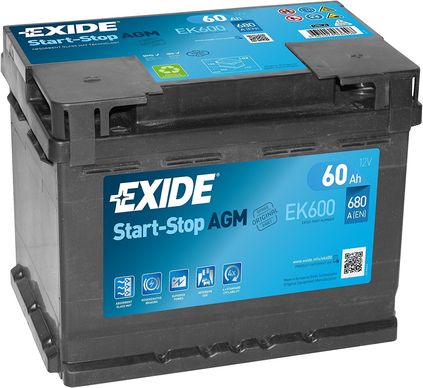 Car Battery EK600 12AV 60AH AGM Exide Start Stop,black,Large