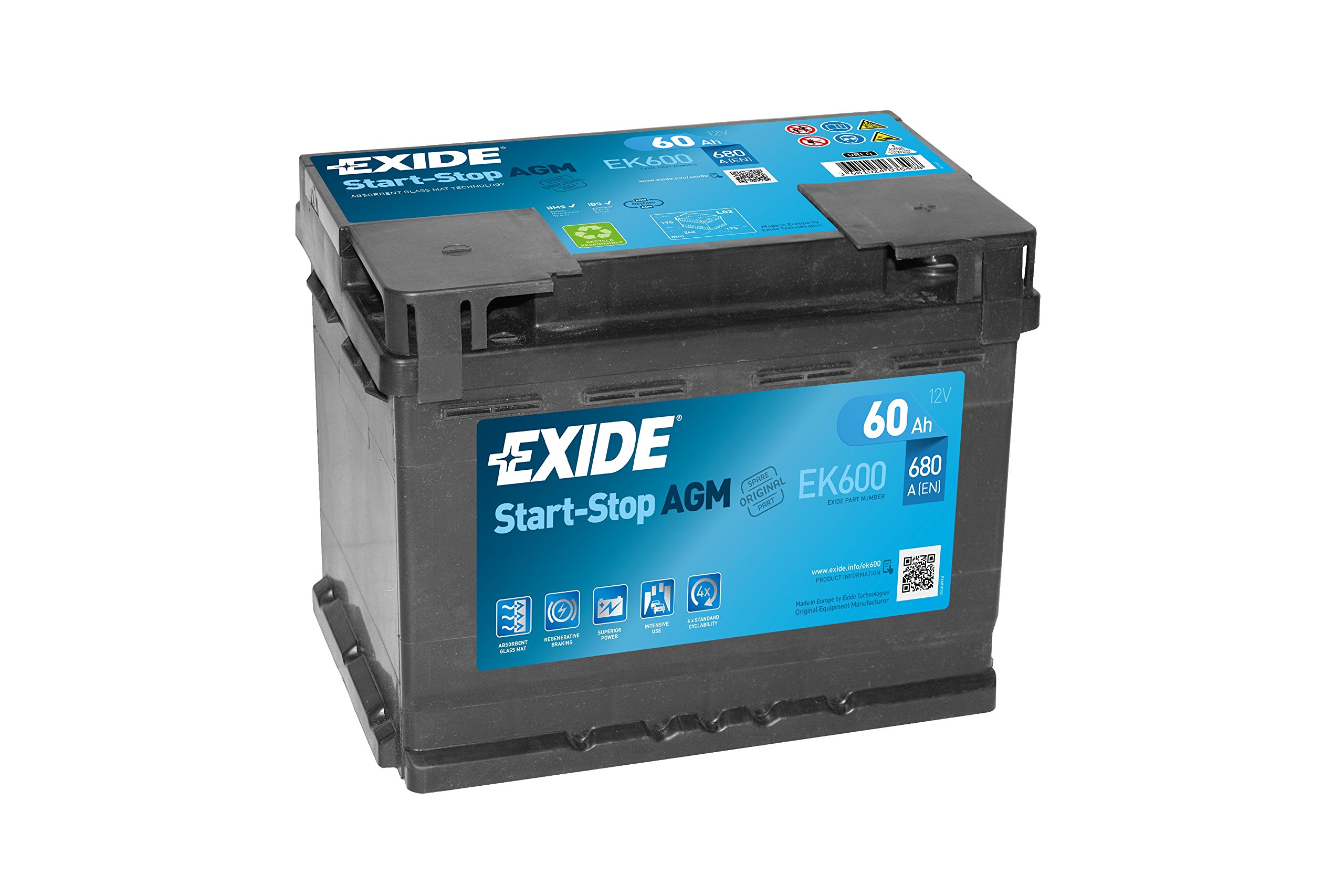 Car Battery EK600 12AV 60AH AGM Exide Start Stop,black,Large