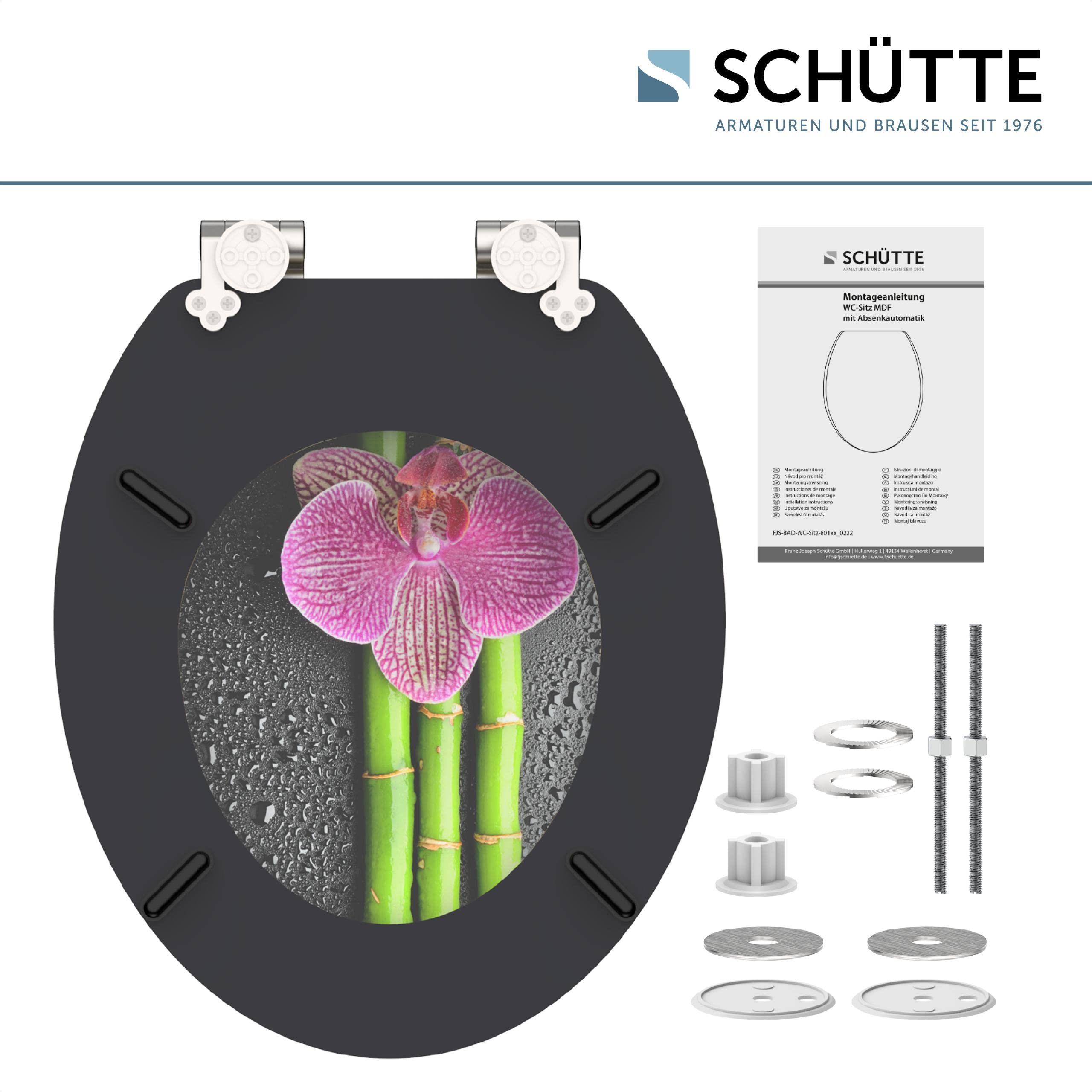 SCHÜTTE deska sedesowa drewniana ASIA, deska sedesowa z mechanizmem cichego domykania, pasuje do wielu standardowych misek WC, maks. obciążenie deski 150 kg, motyw orchidei 80121