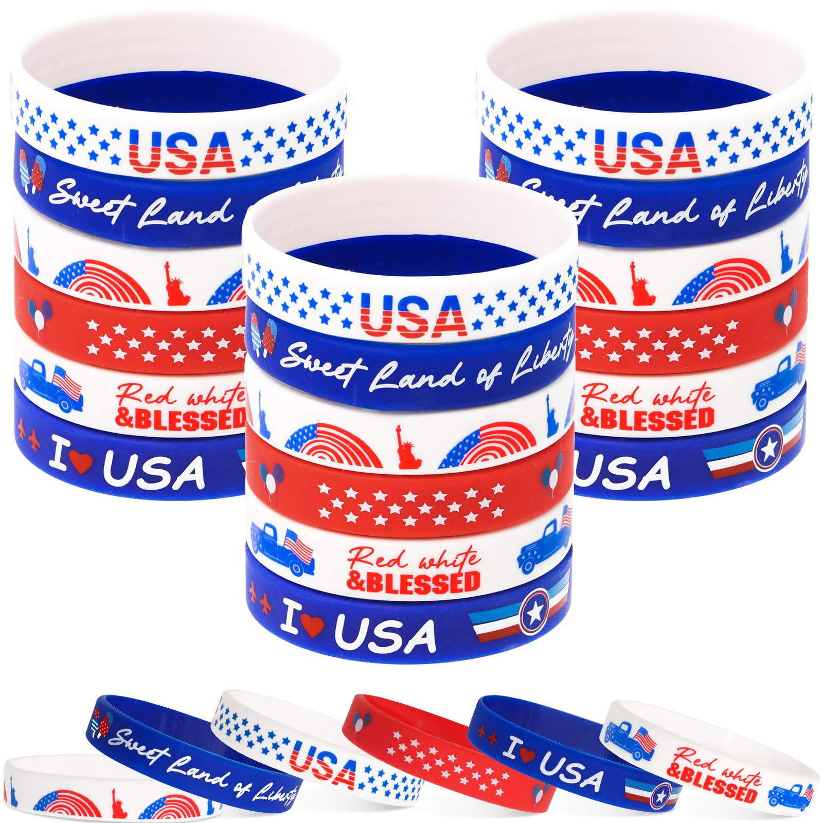 4th of July Party Favors Silicone Bracelets Patriotic Red White Blue Rubber Wristbands American Flag Accessories for Kids Adults Independence Day Parade Decorations Classroom Gifts Prizes 30Pcs