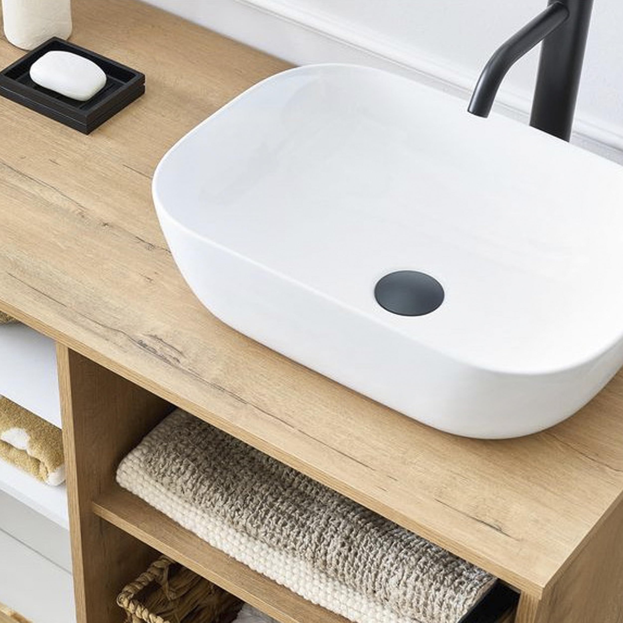 MUEBLES PITARCH -Lavabo rettangolare arrotondato, ceramica bianca, 14x46x32 cm, lavabo sopra il piano di lavoro, per bagni sovrapposti