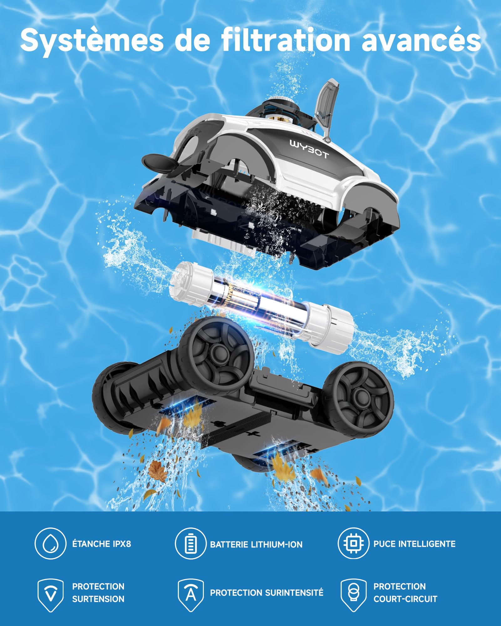 WYBOT Osprey 300II Robot Piscine, Aspirateur Piscine sans Fil avec Batterie,Stationnement Automatique,Nettoyeur Piscine pour Piscines Hors Sol 100 m²,Buse Réglable,120 Min (Noir Blanc)